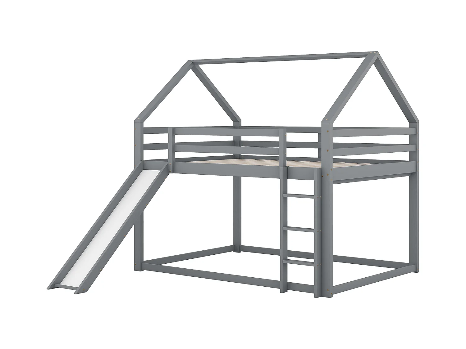 Lit superposé pour enfants, lit à forme de maison avec toboggan et échelle, 140x200 cm, métal et bois de pin, gris (205x270x189 cm)
