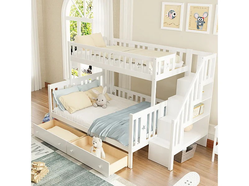 Kinderstapelbed 90x200/140x200 cm van massief hout, met veiligheidsladder, twee grote lades en lattenbodem, wit (252x145x160 cm)