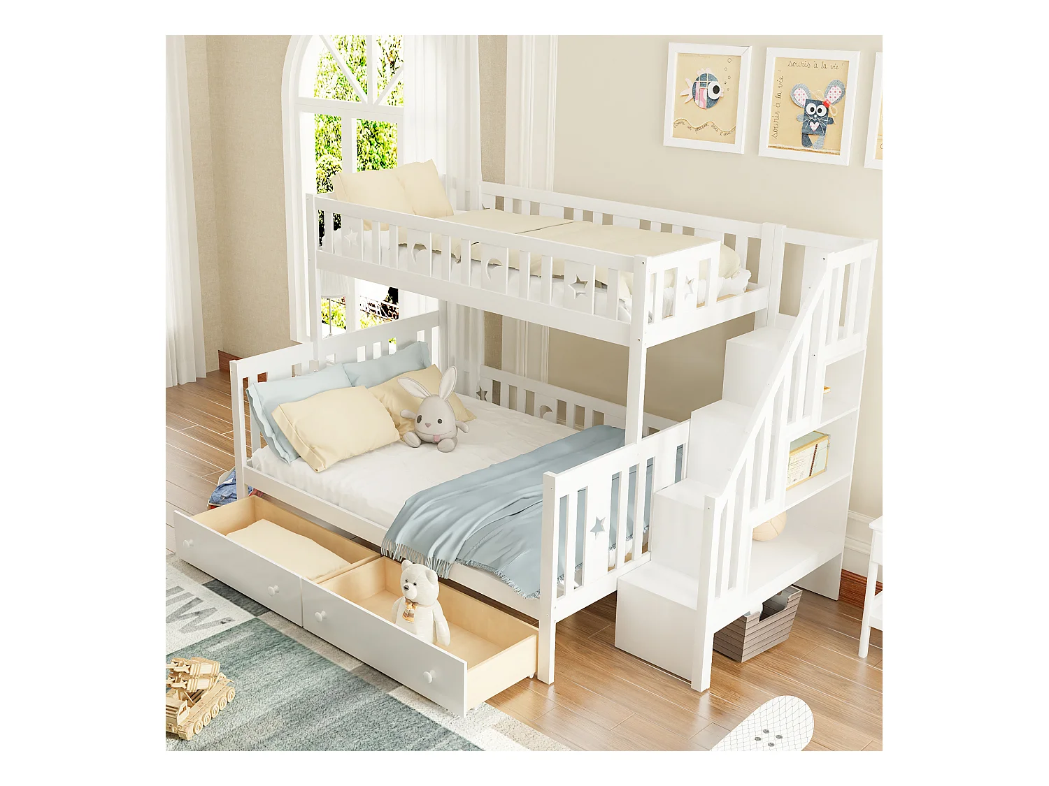 Lit superposé pour enfants 90x200/140x200 cm en bois massif, avec échelle de sécurité, deux grands tiroirs et sommier, blanc (252x145x160 cm)