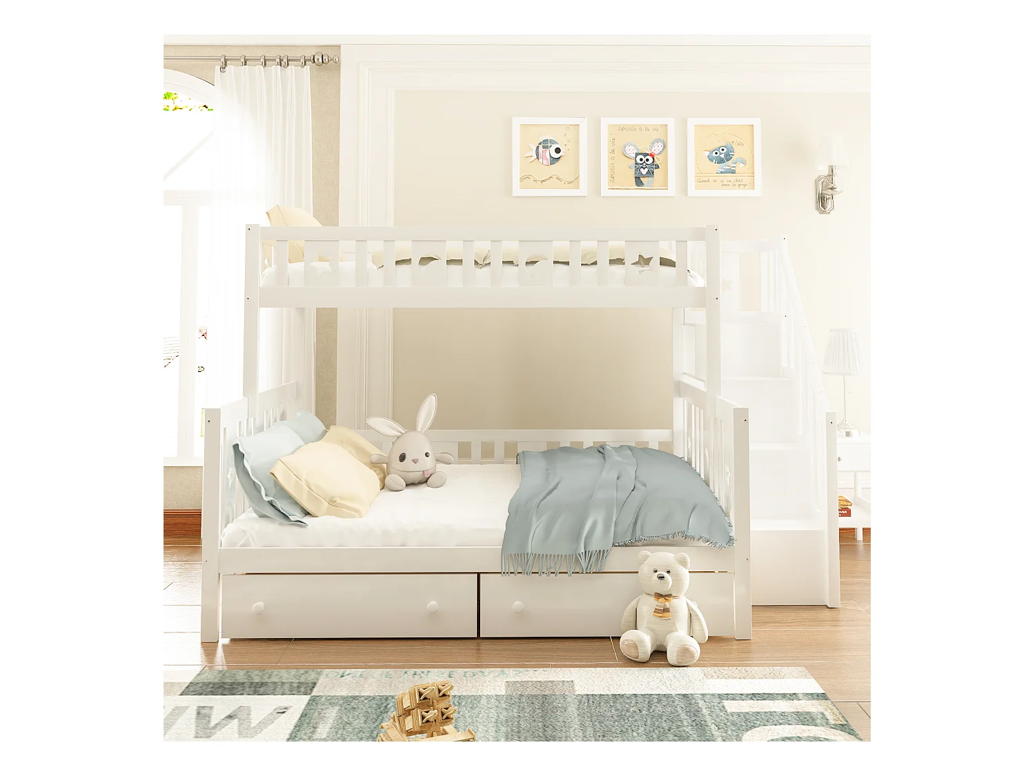 Lit superposé pour enfants 90x200/140x200 cm en bois massif, avec échelle de sécurité, deux grands tiroirs et sommier, blanc (252x145x160 cm)