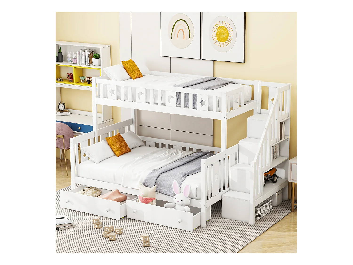 Lit superposé pour enfants 90x200/140x200 cm en bois massif, avec échelle de sécurité, deux grands tiroirs et sommier, blanc (252x145x160 cm)