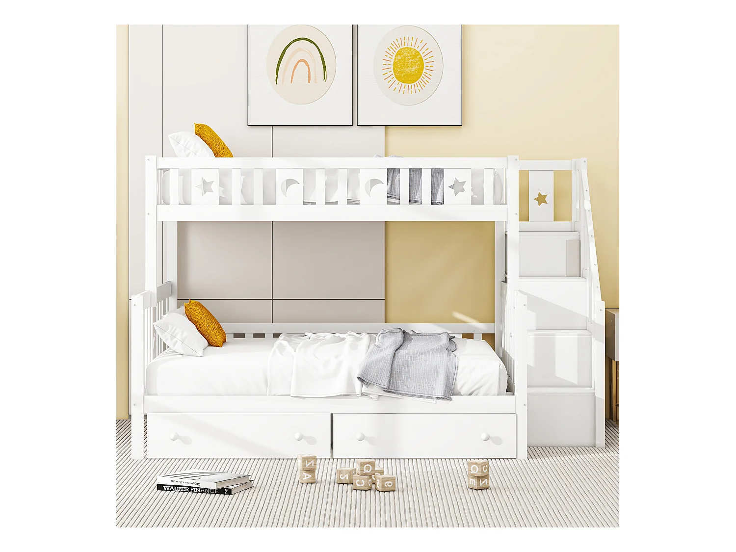 Lit superposé pour enfants 90x200/140x200 cm en bois massif, avec échelle de sécurité, deux grands tiroirs et sommier, blanc (252x145x160 cm)