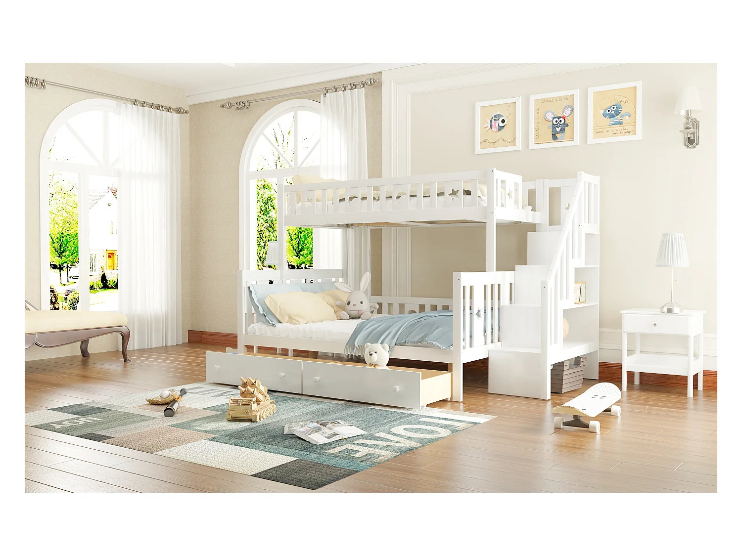 Lit superposé pour enfants 90x200/140x200 cm en bois massif, avec échelle de sécurité, deux grands tiroirs et sommier, blanc (252x145x160 cm)