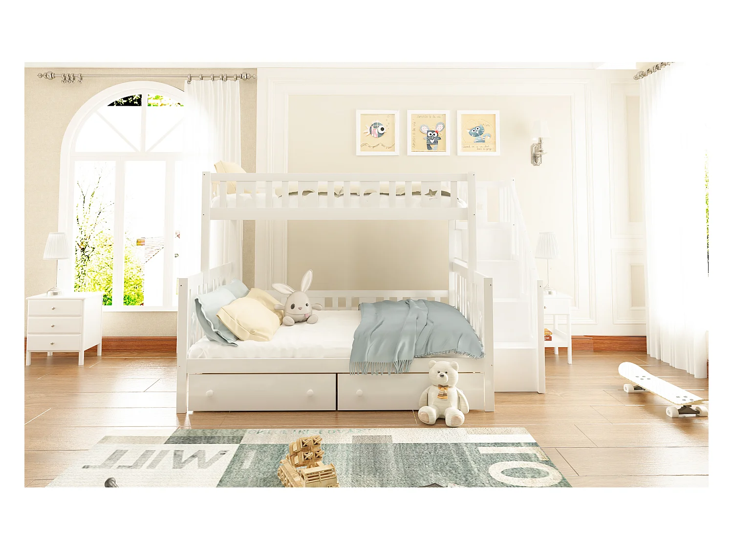 Lit superposé pour enfants 90x200/140x200 cm en bois massif, avec échelle de sécurité, deux grands tiroirs et sommier, blanc (252x145x160 cm)