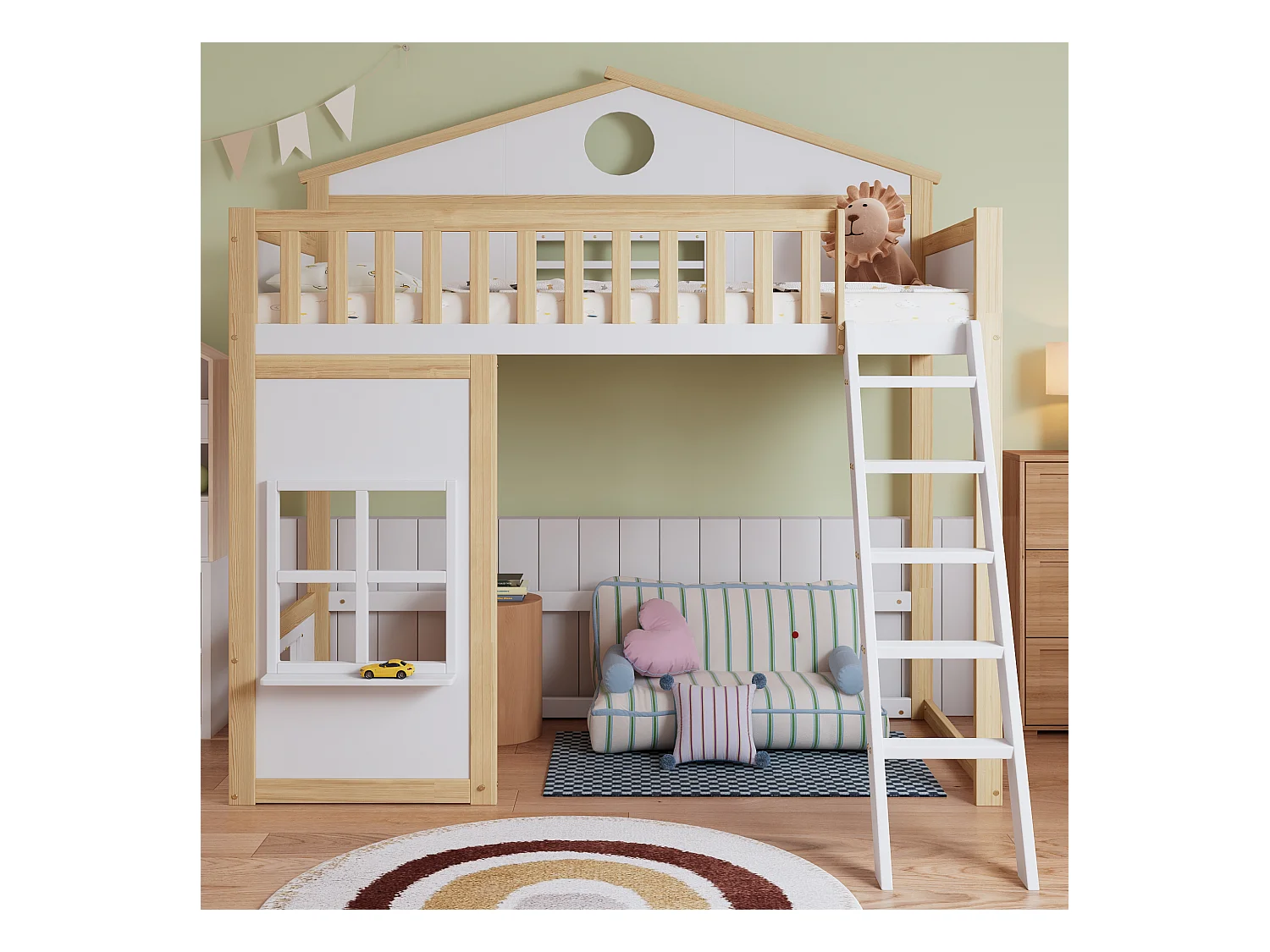 Letto a castello con scaletta, sponda e finestre, struttura in legno massello e MDF, bianco e naturale (204x150,5x229 cm)