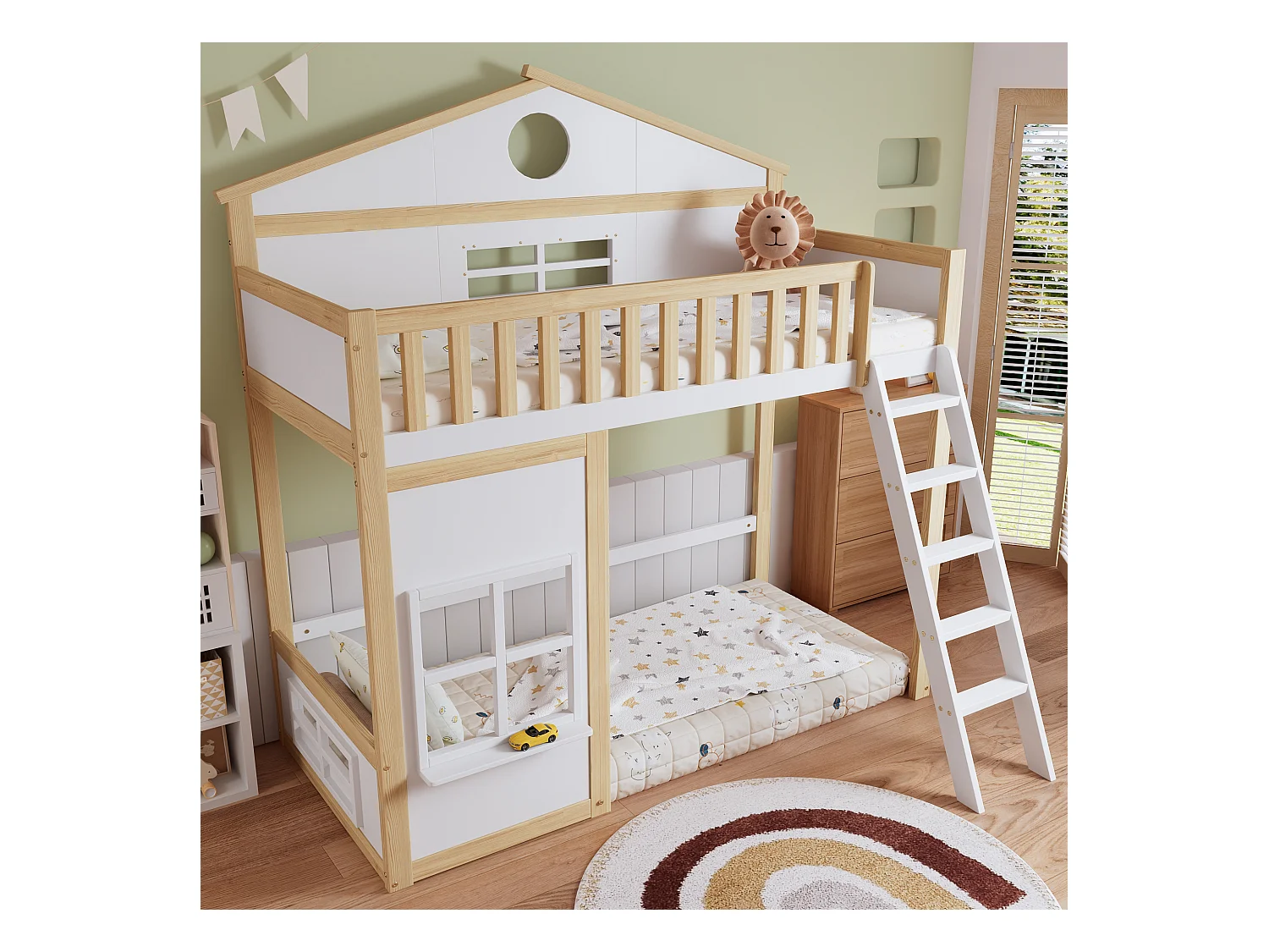 Letto a castello con scaletta, sponda e finestre, struttura in legno massello e MDF, bianco e naturale (204x150,5x229 cm)