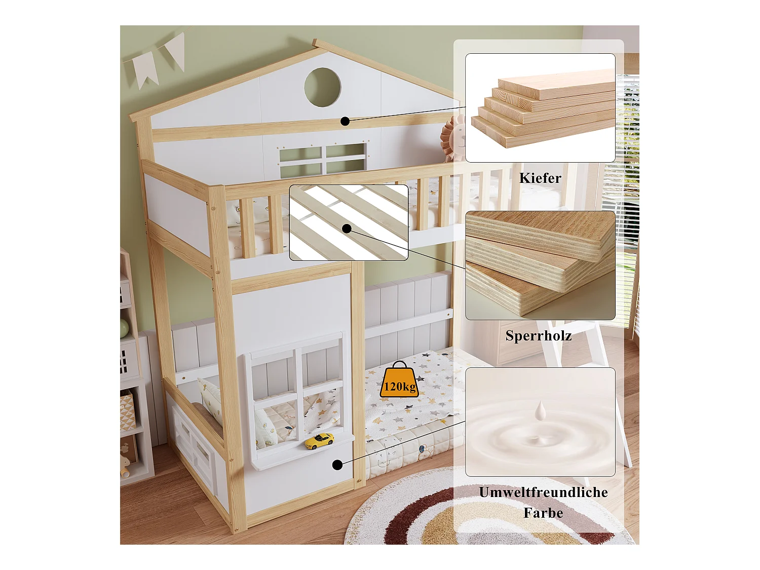 Letto a castello con scaletta, sponda e finestre, struttura in legno massello e MDF, bianco e naturale (204x150,5x229 cm)