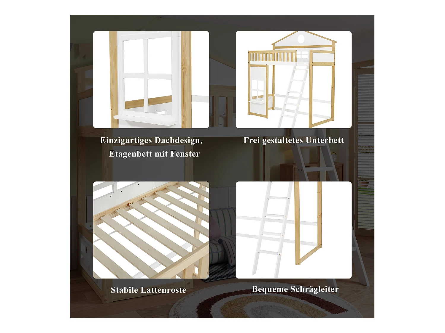 Letto a castello con scaletta, sponda e finestre, struttura in legno massello e MDF, bianco e naturale (204x150,5x229 cm)