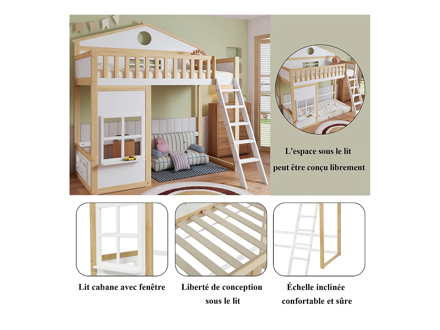Letto a castello con scaletta, sponda e finestre, struttura in legno massello e MDF, bianco e naturale (204x150,5x229 cm)