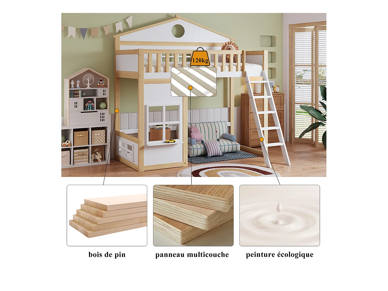 Letto a castello con scaletta, sponda e finestre, struttura in legno massello e MDF, bianco e naturale (204x150,5x229 cm)