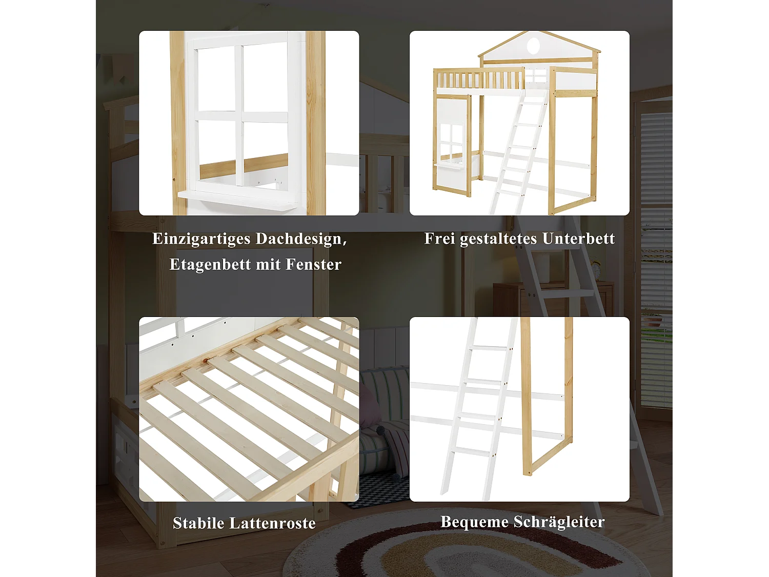 Stapelbed met ladder, leuning en ramen, frame van massief hout en MDF, wit en naturel (204x150,5x229 cm)