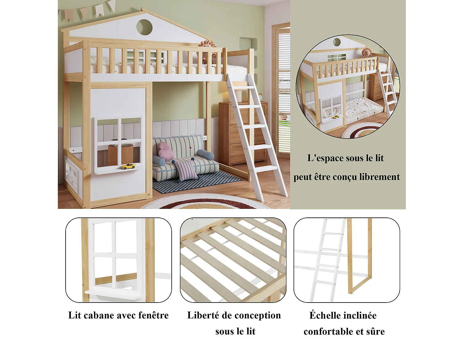 Stapelbed met ladder, leuning en ramen, frame van massief hout en MDF, wit en naturel (204x150,5x229 cm)