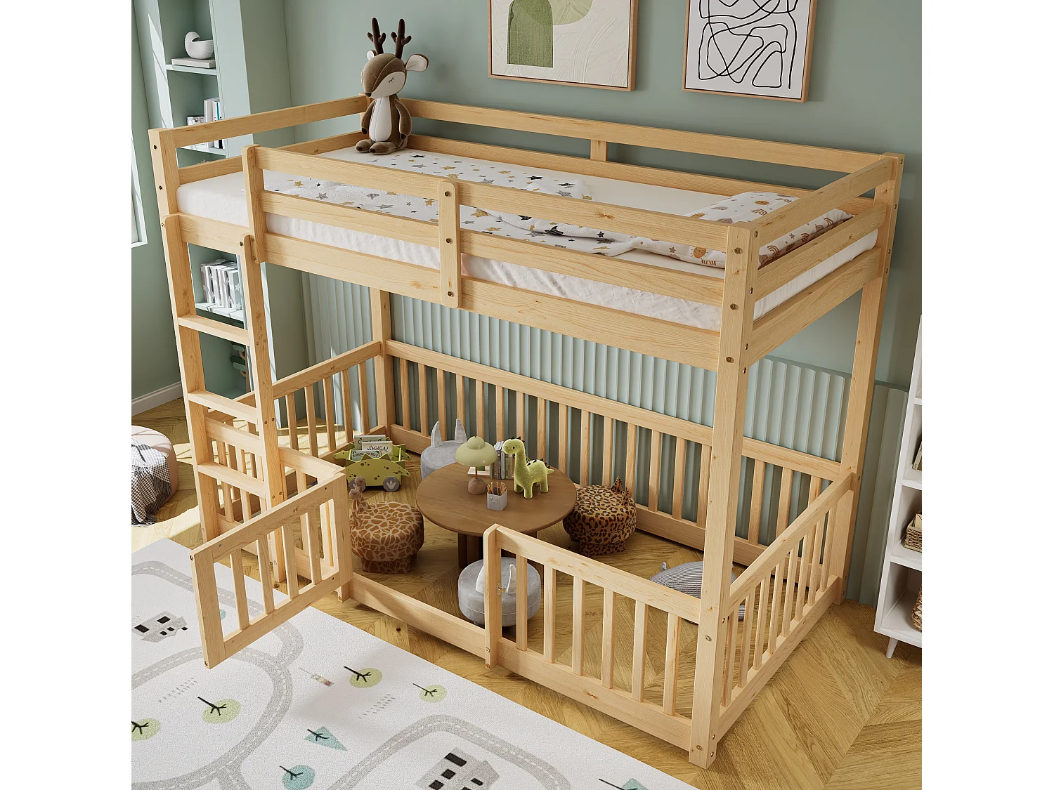 Litera con escalera, barandillas y puerta, cama infantil con seguridad y rejas, estructura de madera maciza, natural (200x90 cm)