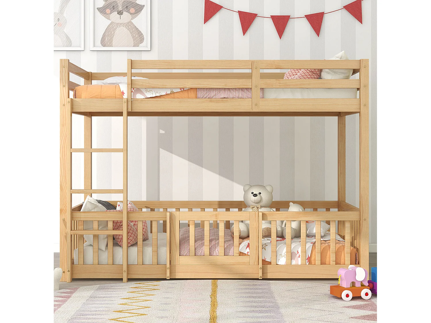 Litera con escalera, barandillas y puerta, cama infantil con seguridad y rejas, estructura de madera maciza, natural (200x90 cm)