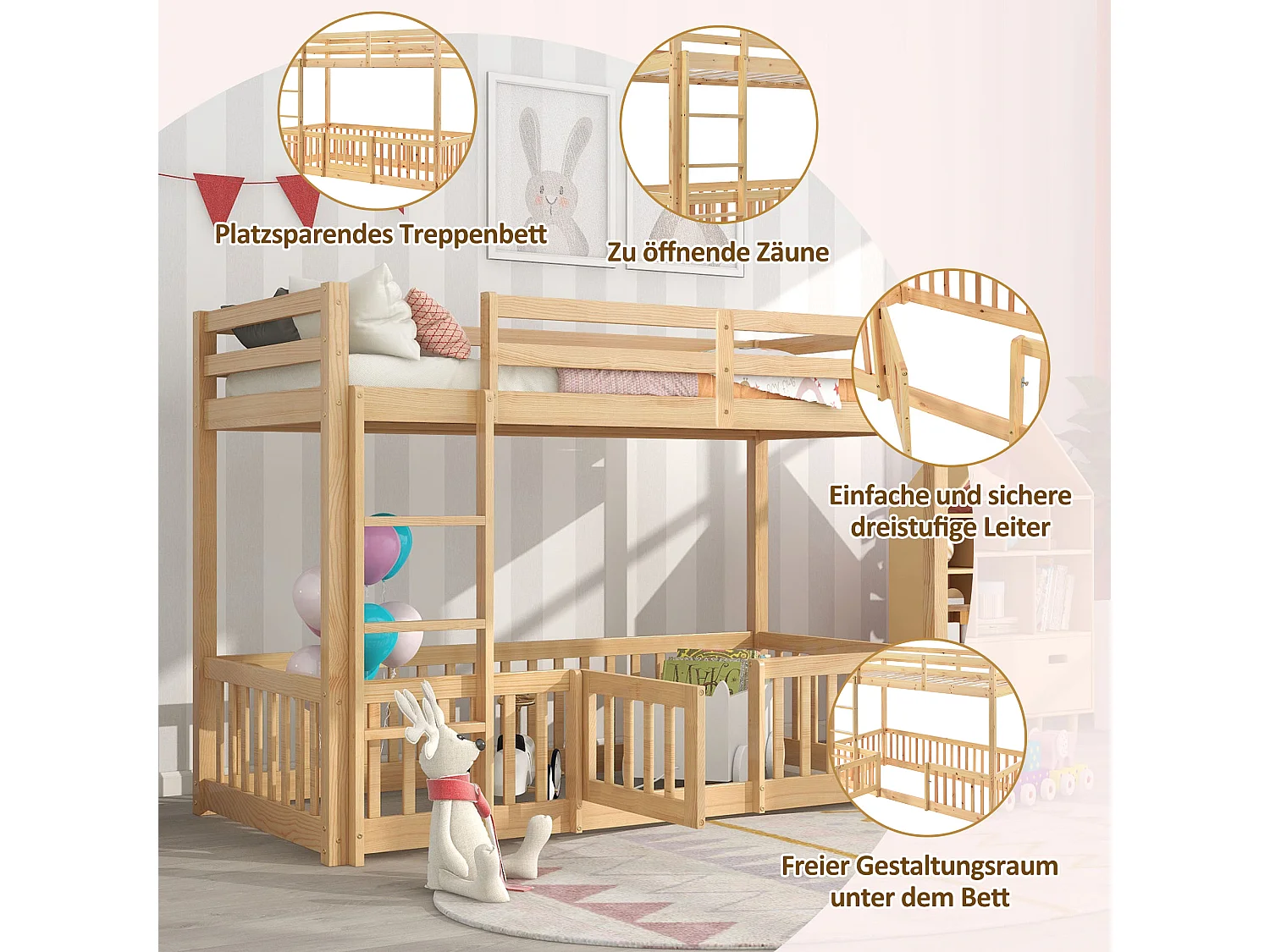 Litera con escalera, barandillas y puerta, cama infantil con seguridad y rejas, estructura de madera maciza, natural (200x90 cm)