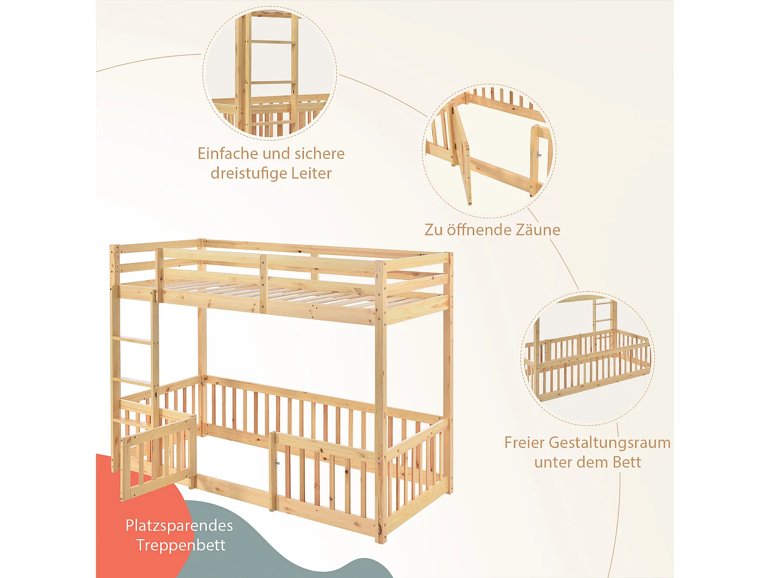 Litera con escalera, barandillas y puerta, cama infantil con seguridad y rejas, estructura de madera maciza, natural (200x90 cm)