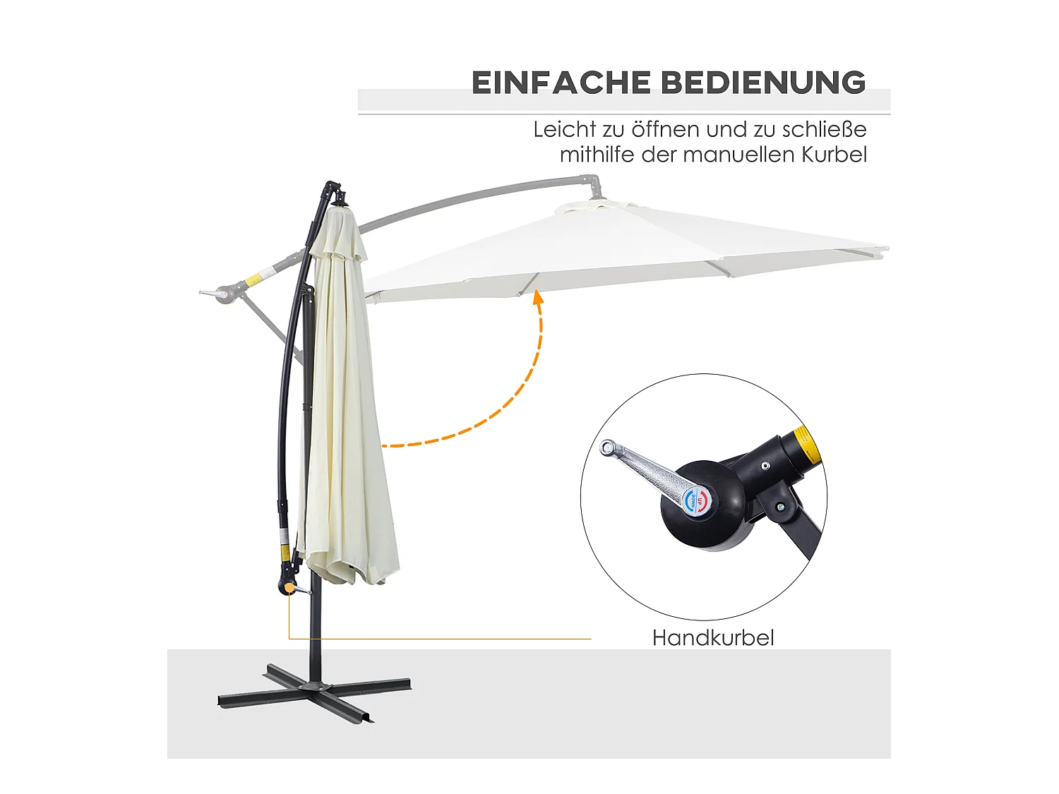 Ronde parasol met slinger, stevig stalen frame, crèmekleurig polyester doek (300x300x200cm)