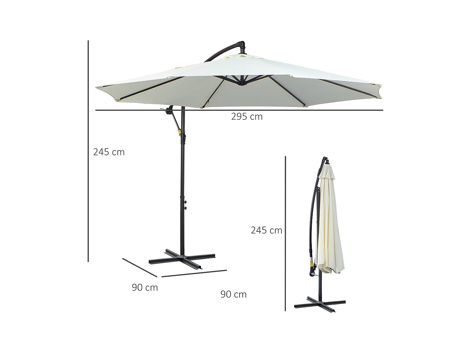 Ronde parasol met slinger, stevig stalen frame, crèmekleurig polyester doek (300x300x200cm)