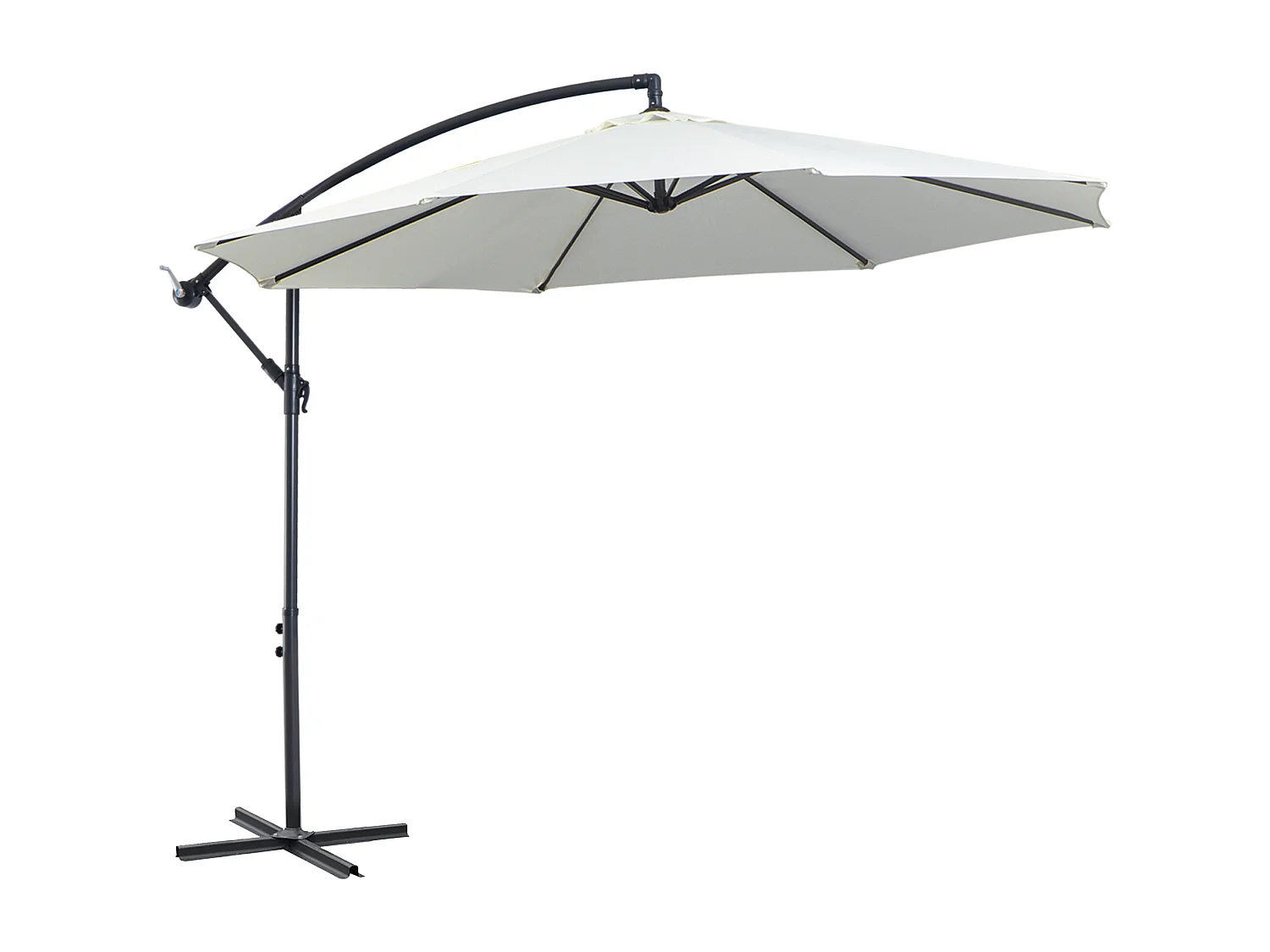 Parasol redondo descentrado con manivela, estructura de acero resistente, lona de poliéster color crema (300 x 300 x 200 cm)