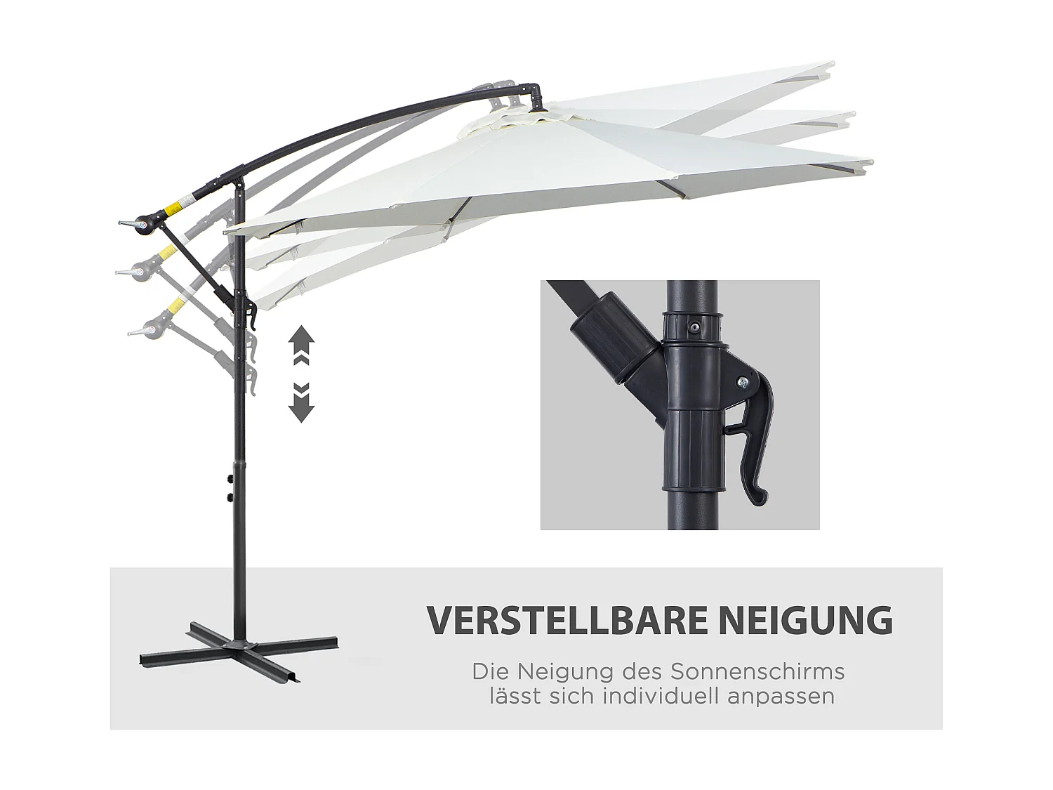 Parasol redondo descentrado con manivela, estructura de acero resistente, lona de poliéster color crema (300 x 300 x 200 cm)