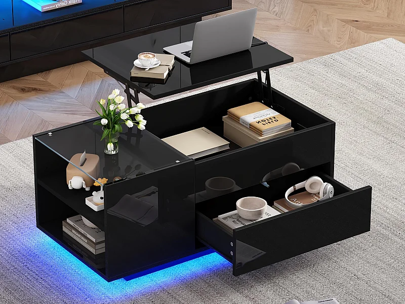 Verstelbare salontafel 95×48×42 cm - met LED-verlichting - met stopcontact - 1 la - glanzende afwerking - zwart