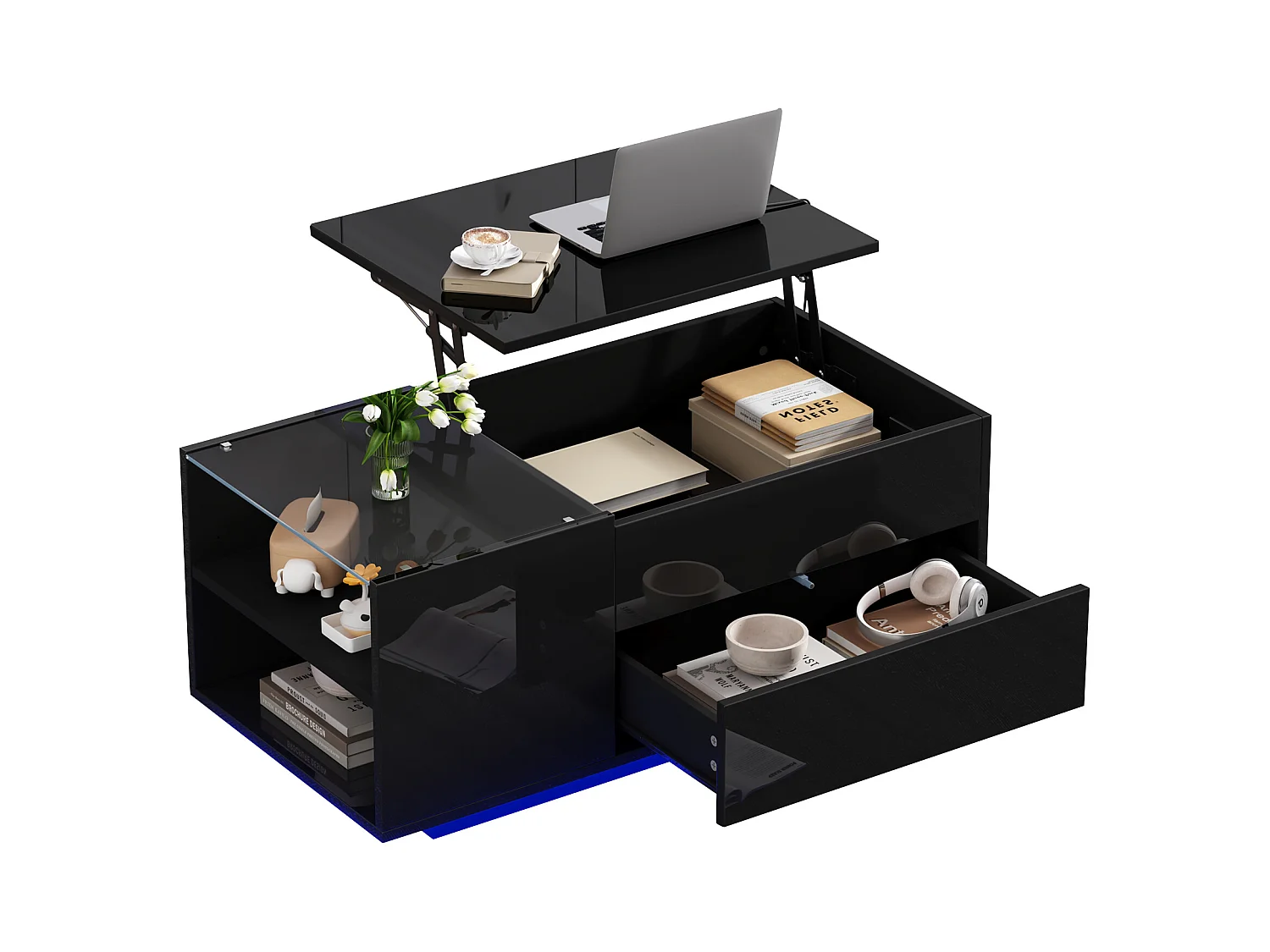 Table basse relevable 95x48x42cm - avec éclairage LED - avec prise - 1 tiroir - finition brillante - noir
