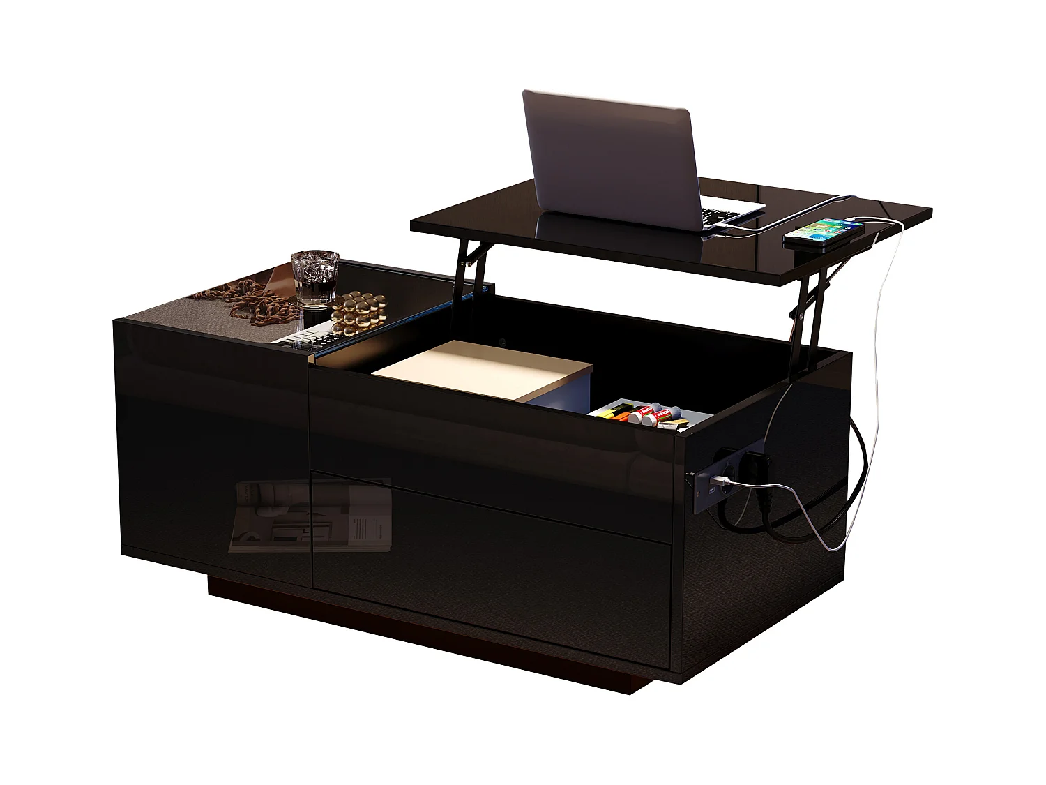 Table basse relevable 95x48x42cm - avec éclairage LED - avec prise - 1 tiroir - finition brillante - noir