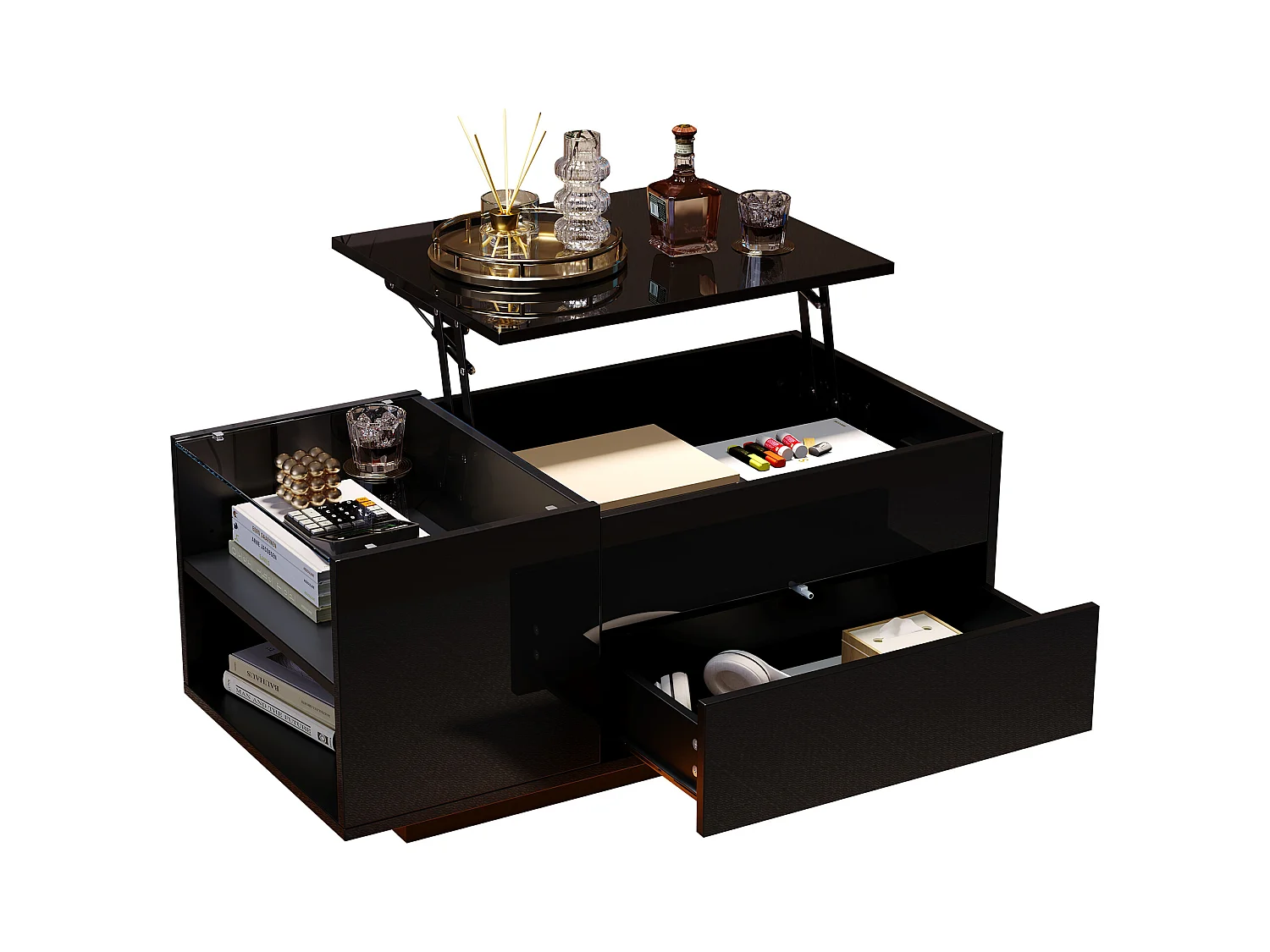 Table basse relevable 95x48x42cm - avec éclairage LED - avec prise - 1 tiroir - finition brillante - noir