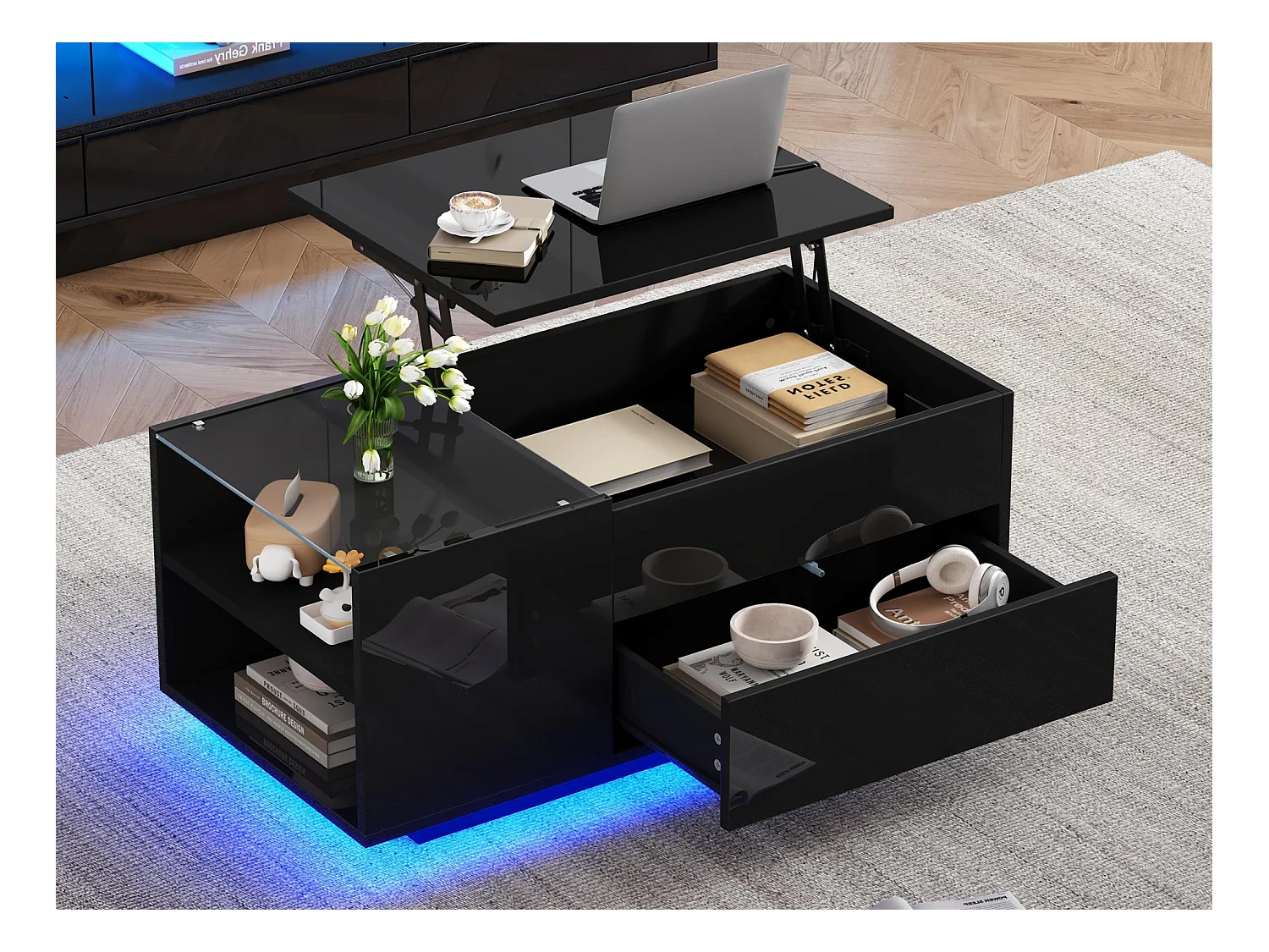 Table basse relevable 95x48x42cm - avec éclairage LED - avec prise - 1 tiroir - finition brillante - noir