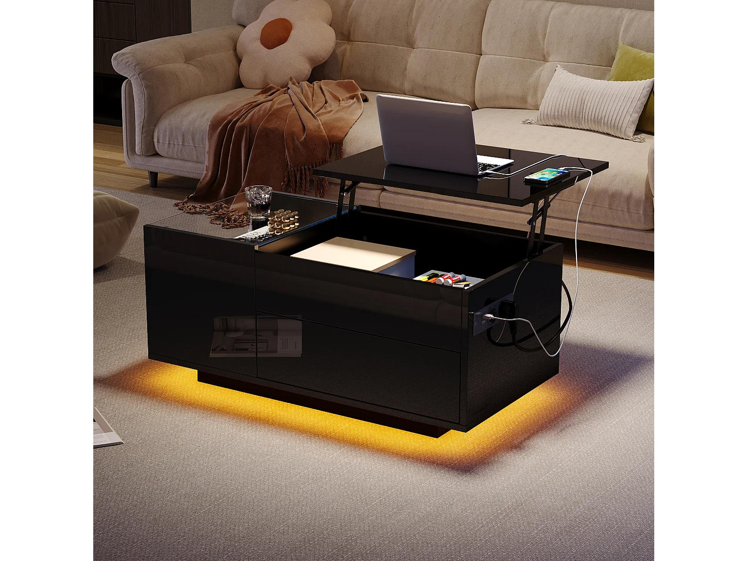 Mesa de centro ajustável 95×48×42 cm - com iluminação LED - com tomada - 1 gaveta - acabamento brilhante - preto