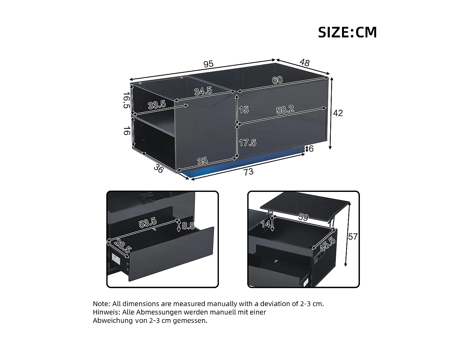 Mesa de centro ajustável 95×48×42 cm - com iluminação LED - com tomada - 1 gaveta - acabamento brilhante - preto