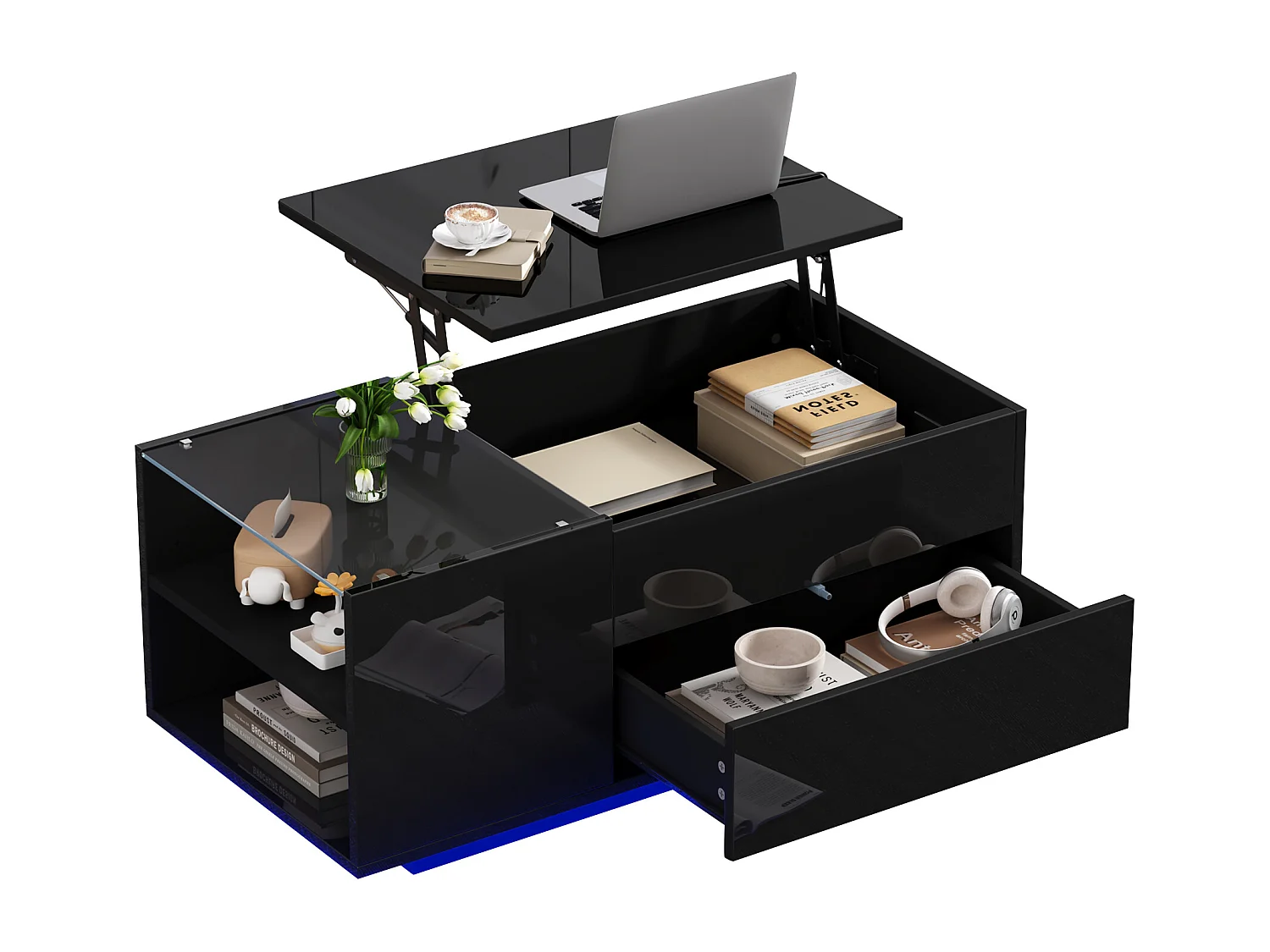Mesa de centro ajustável 95×48×42 cm - com iluminação LED - com tomada - 1 gaveta - acabamento brilhante - preto