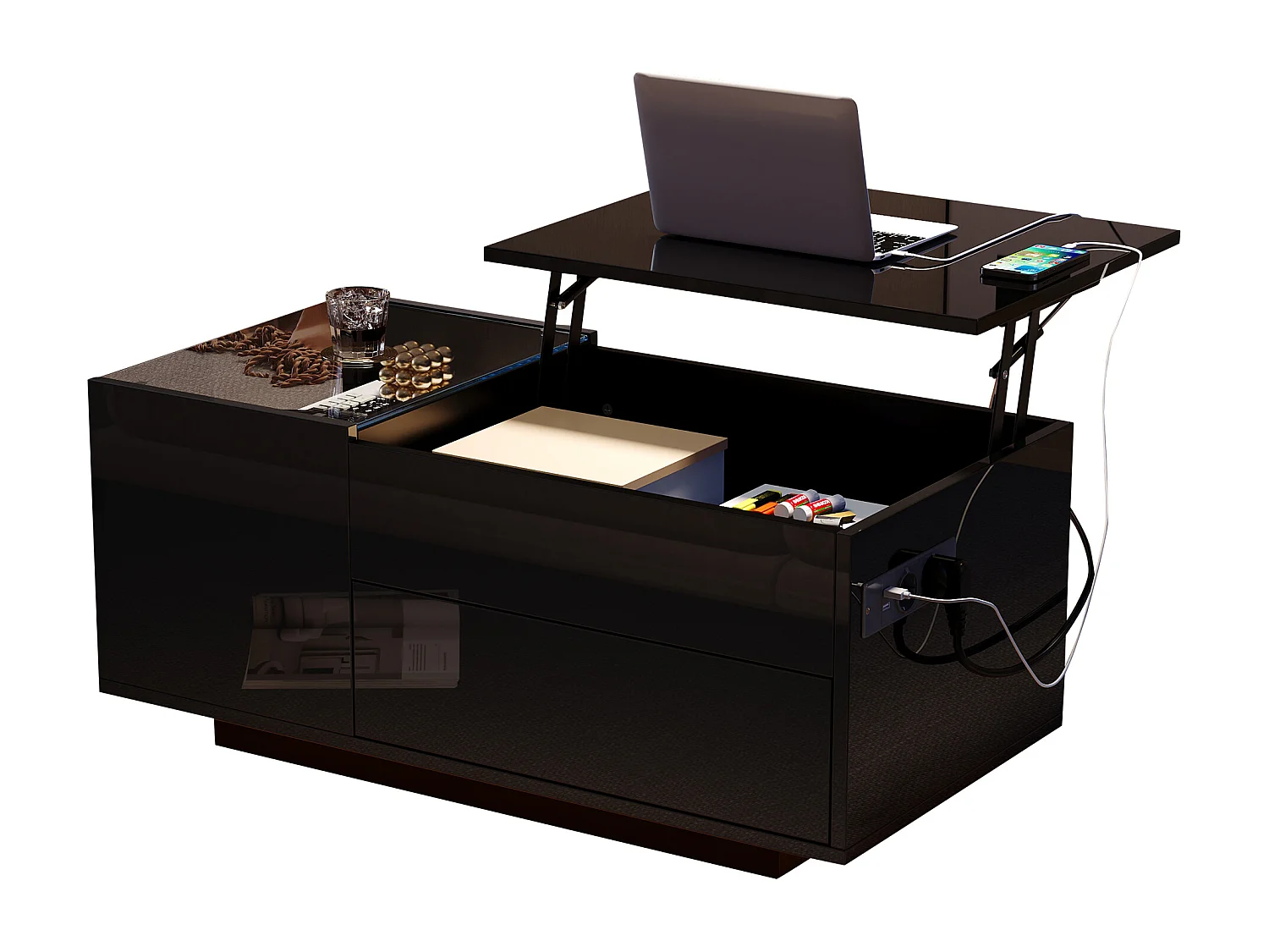 Mesa de centro ajustável 95×48×42 cm - com iluminação LED - com tomada - 1 gaveta - acabamento brilhante - preto