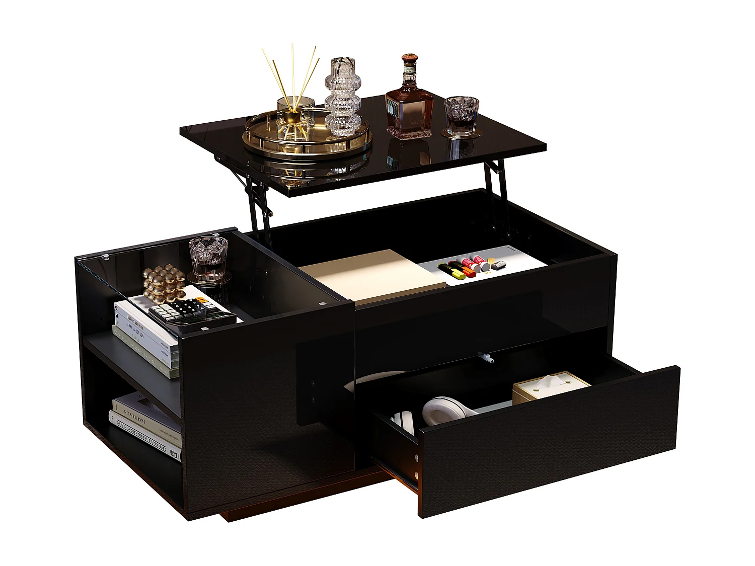 Mesa de centro ajustável 95×48×42 cm - com iluminação LED - com tomada - 1 gaveta - acabamento brilhante - preto