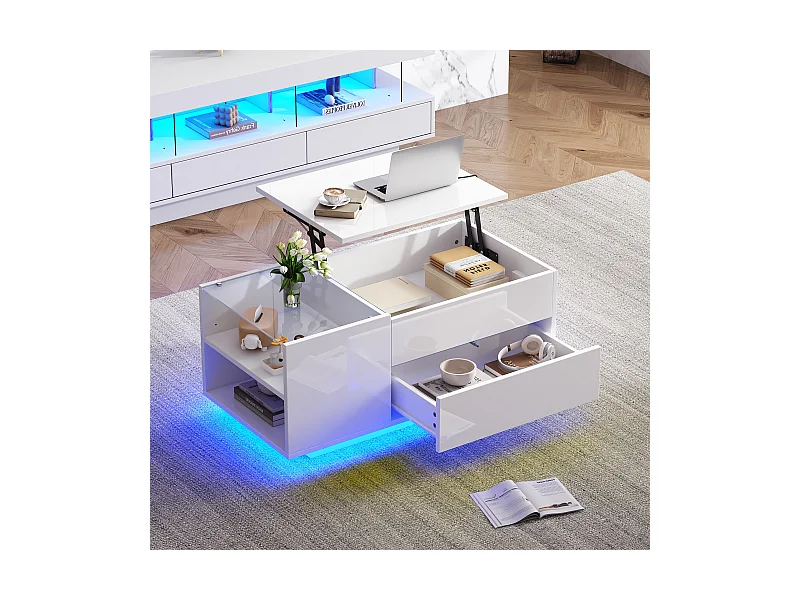 Hochklappbarer Couchtisch – 95 x 48 x 42 cm – mit verstecktem Stauraum + LEDs + 1 Schublade – Spanplatte – weiß