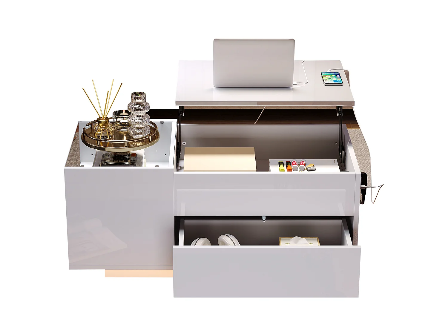 Table basse relevable - 95 x 48 x 42 cm - avec rangement dissimulé + Leds + 1 tiroir - aggloméré - blanc