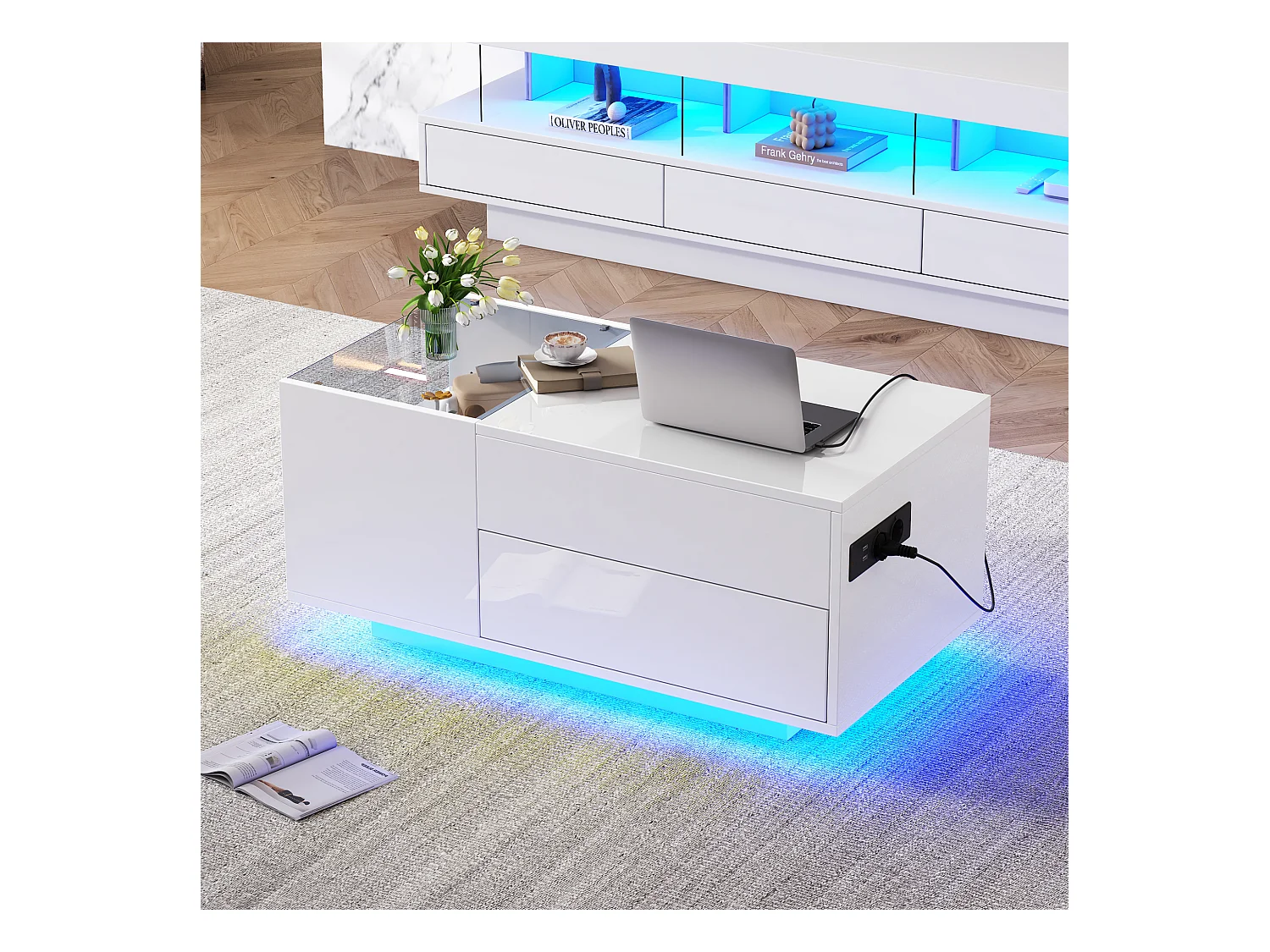 Hochklappbarer Couchtisch – 95 x 48 x 42 cm – mit verstecktem Stauraum + LEDs + 1 Schublade – Spanplatte – weiß