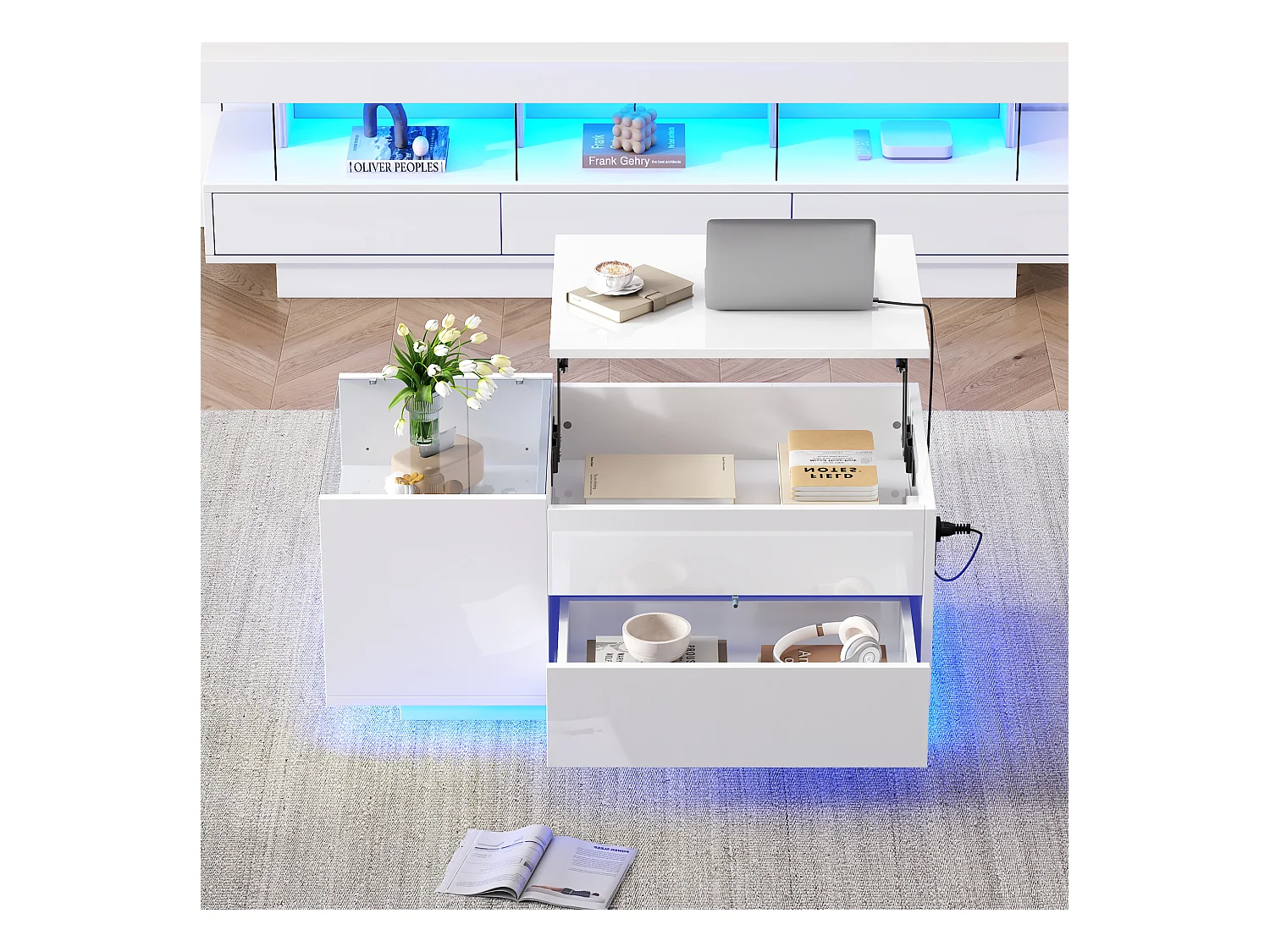 Hochklappbarer Couchtisch – 95 x 48 x 42 cm – mit verstecktem Stauraum + LEDs + 1 Schublade – Spanplatte – weiß