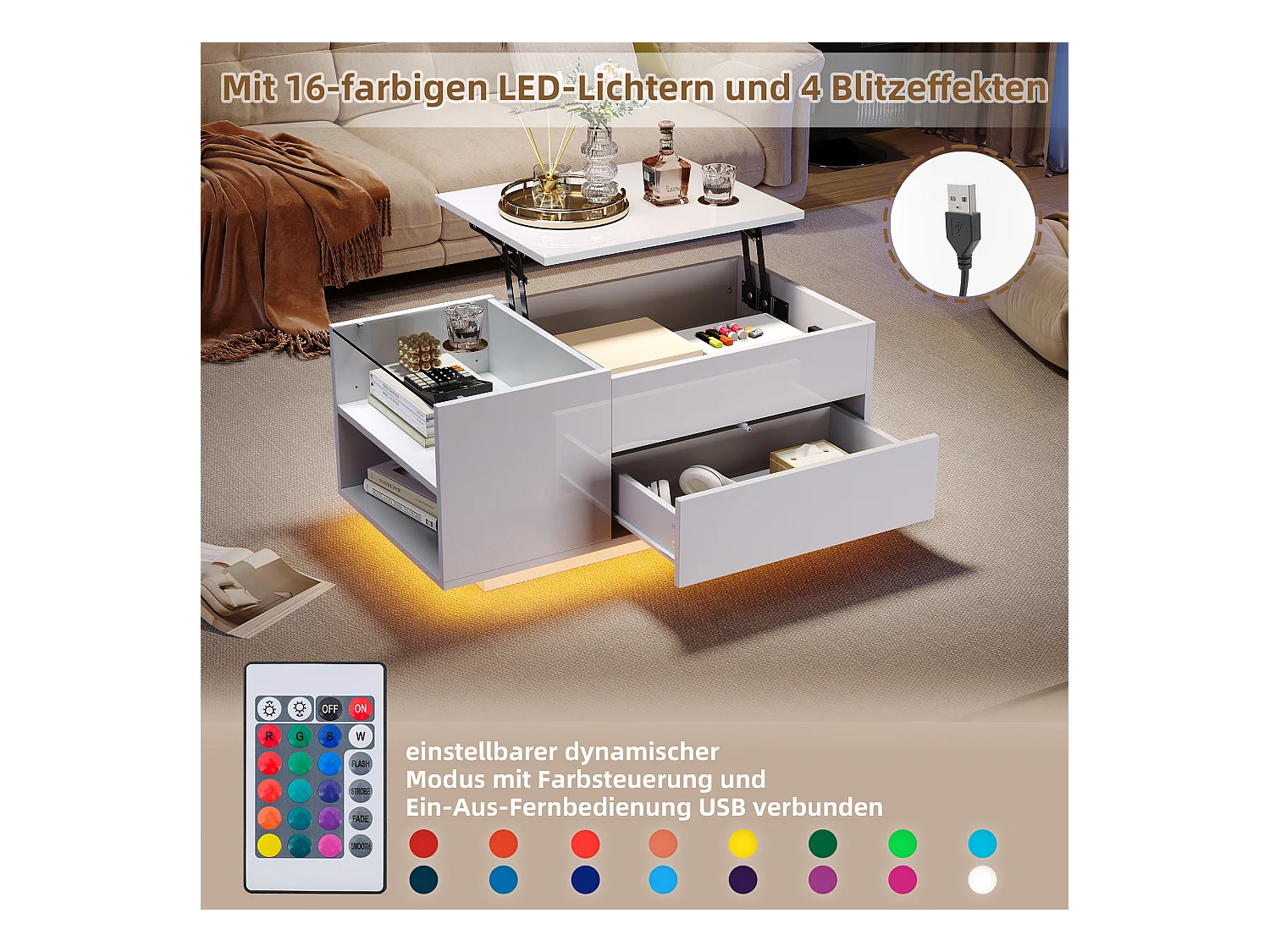 Hochklappbarer Couchtisch – 95 x 48 x 42 cm – mit verstecktem Stauraum + LEDs + 1 Schublade – Spanplatte – weiß