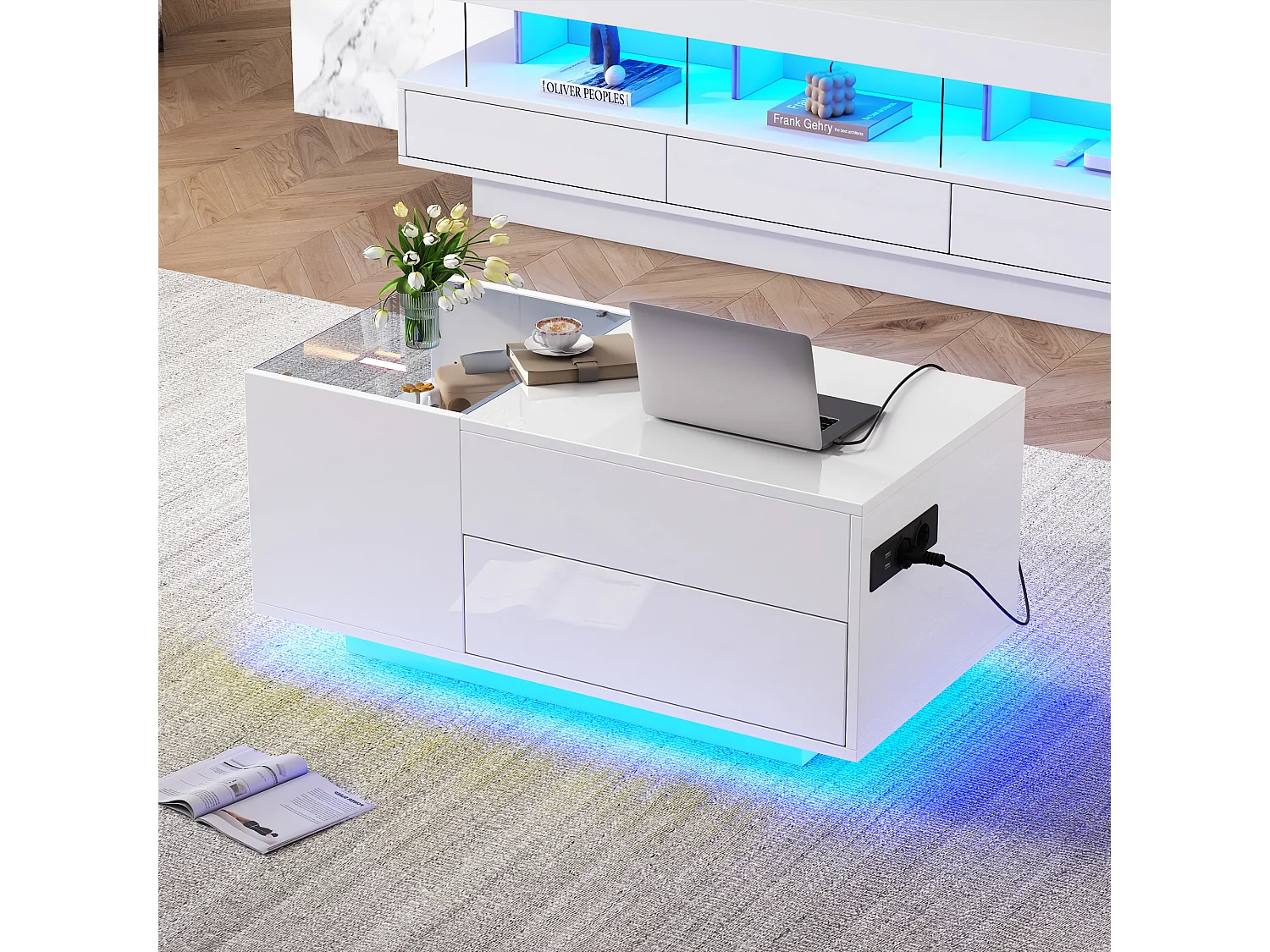 Table basse relevable - 95 x 48 x 42 cm - avec rangement dissimulé + Leds + 1 tiroir - aggloméré - blanc