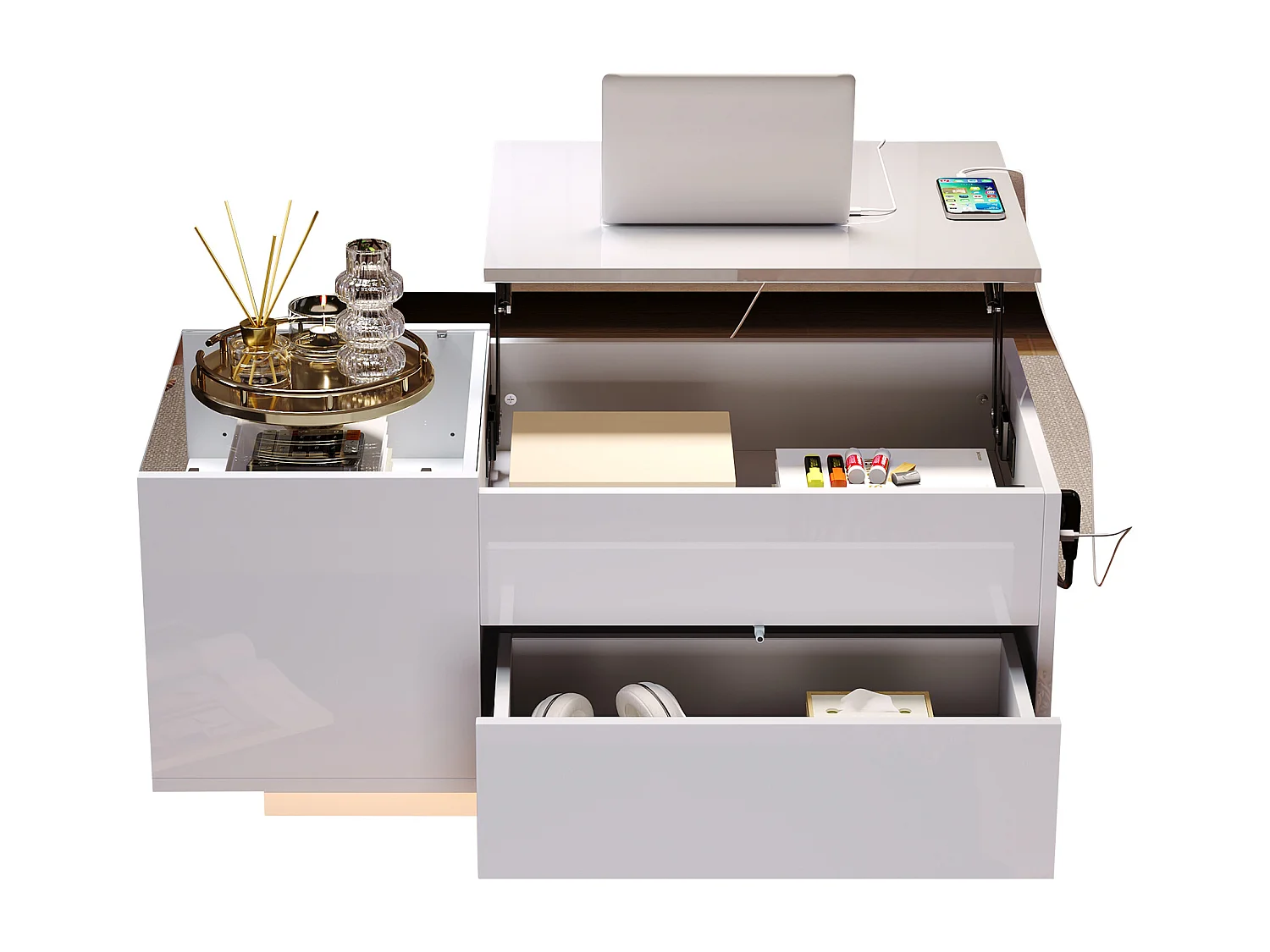 Table basse relevable - 95 x 48 x 42 cm - avec rangement dissimulé + Leds + 1 tiroir - aggloméré - blanc