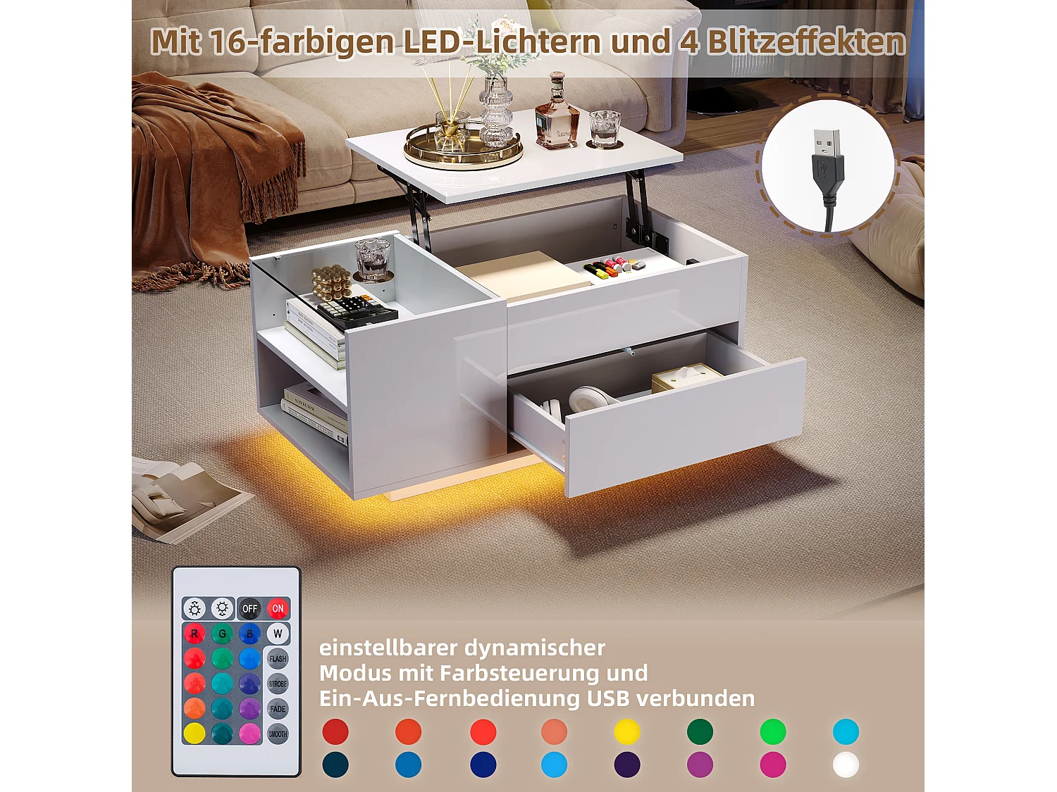 Table basse relevable - 95 x 48 x 42 cm - avec rangement dissimulé + Leds + 1 tiroir - aggloméré - blanc