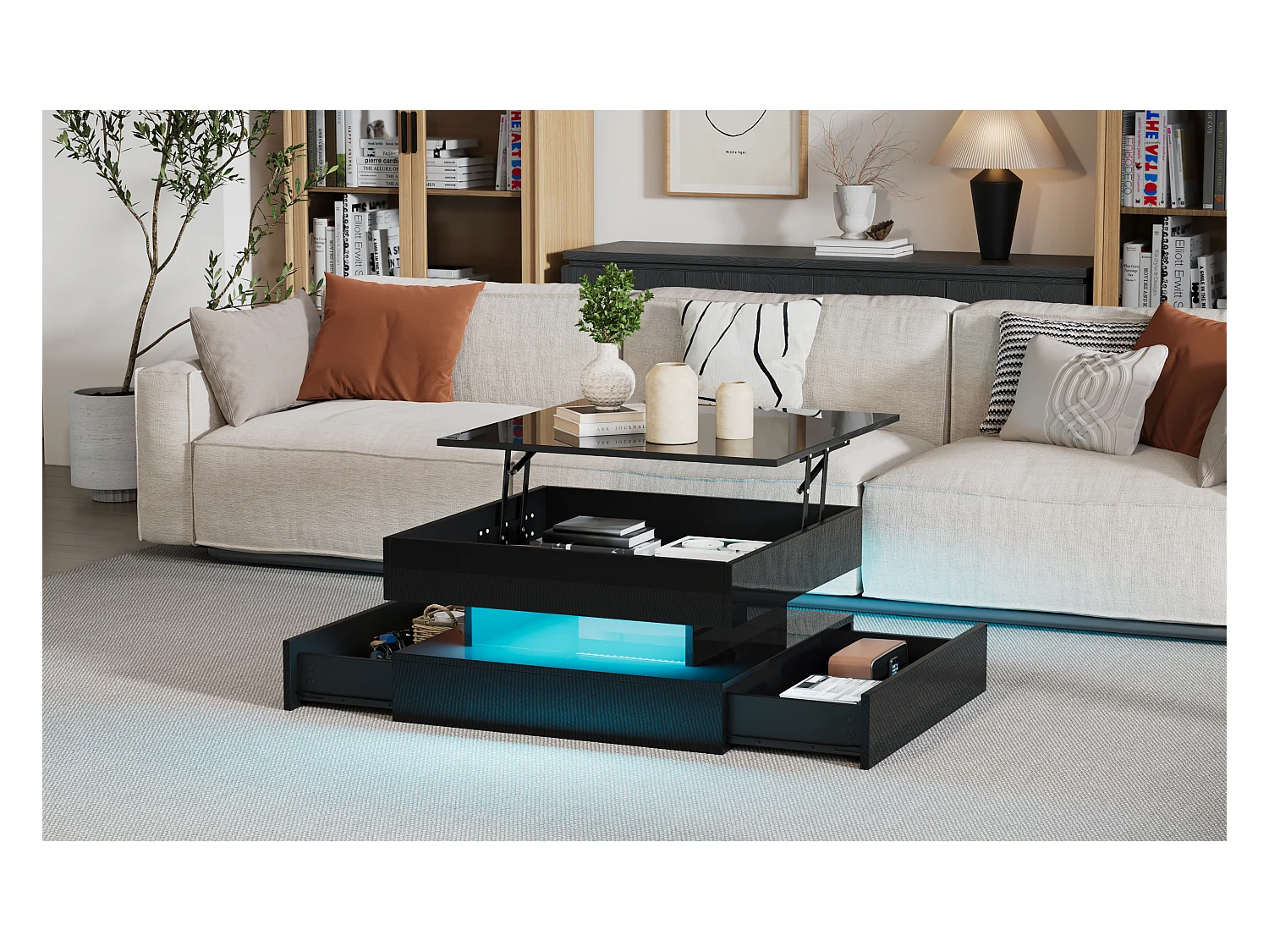 Table relevable brillante - 65 x 65 x 38.5 cm - avec Leds + 2 tiroirs + rangement caché - aggloméré - noir