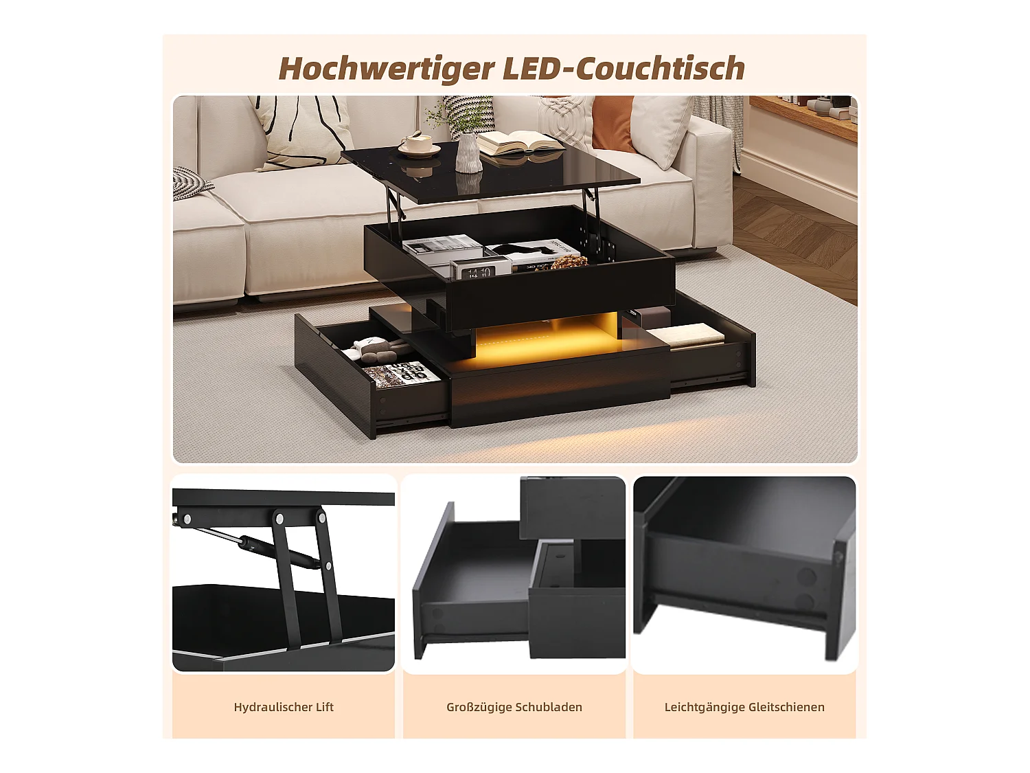 Table relevable brillante - 65 x 65 x 38.5 cm - avec Leds + 2 tiroirs + rangement caché - aggloméré - noir