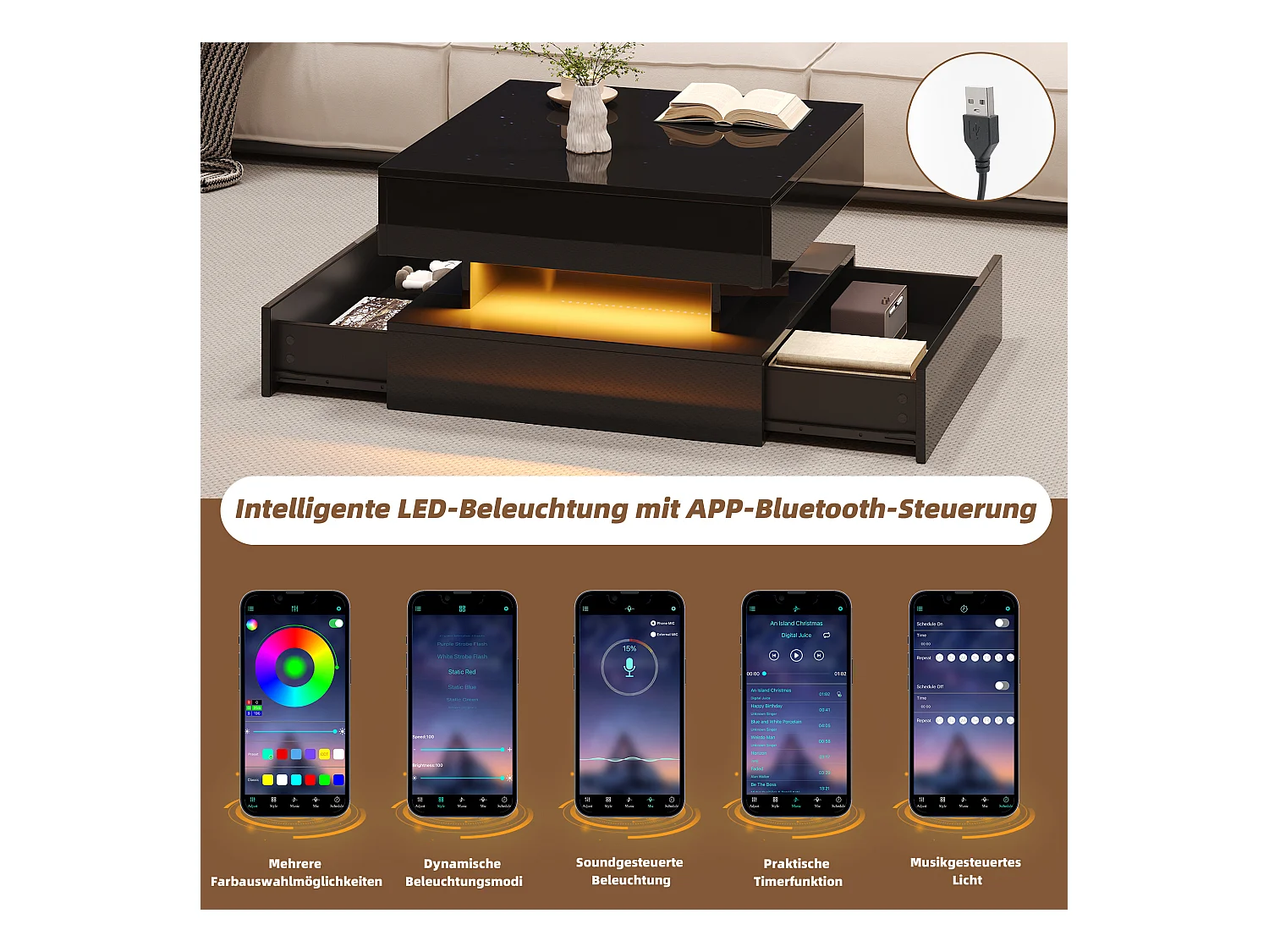 Table relevable brillante - 65 x 65 x 38.5 cm - avec Leds + 2 tiroirs + rangement caché - aggloméré - noir