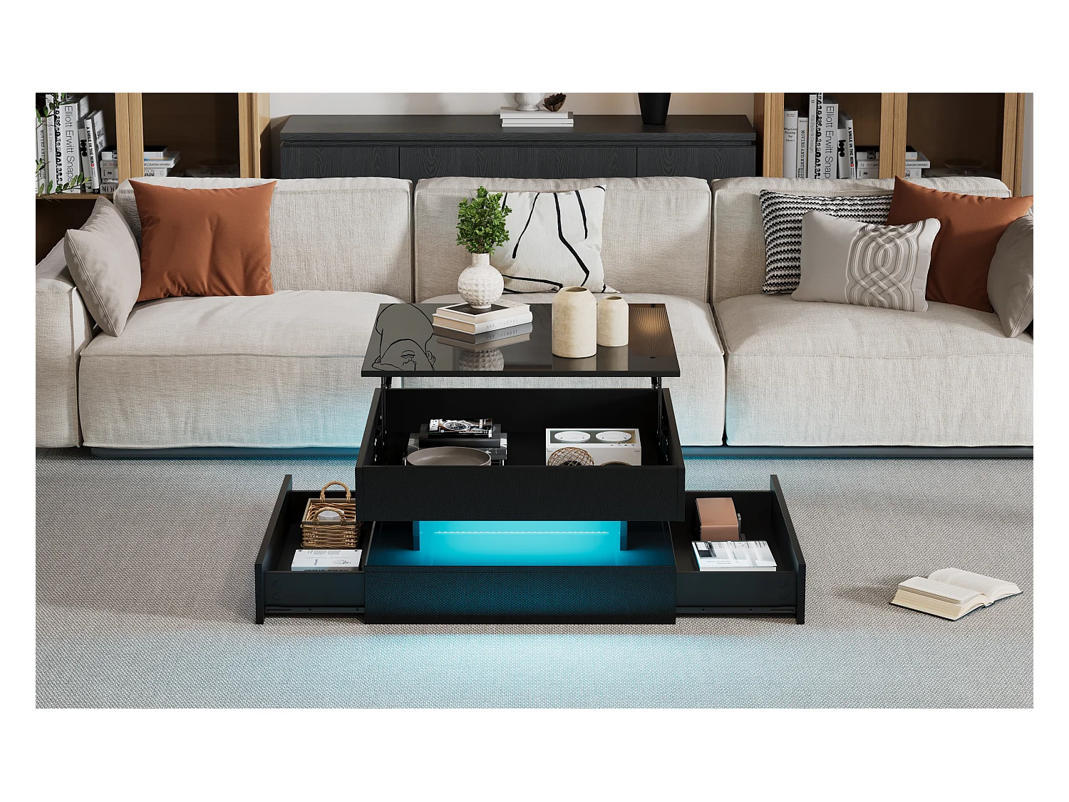 Table relevable brillante - 65 x 65 x 38.5 cm - avec Leds + 2 tiroirs + rangement caché - aggloméré - noir