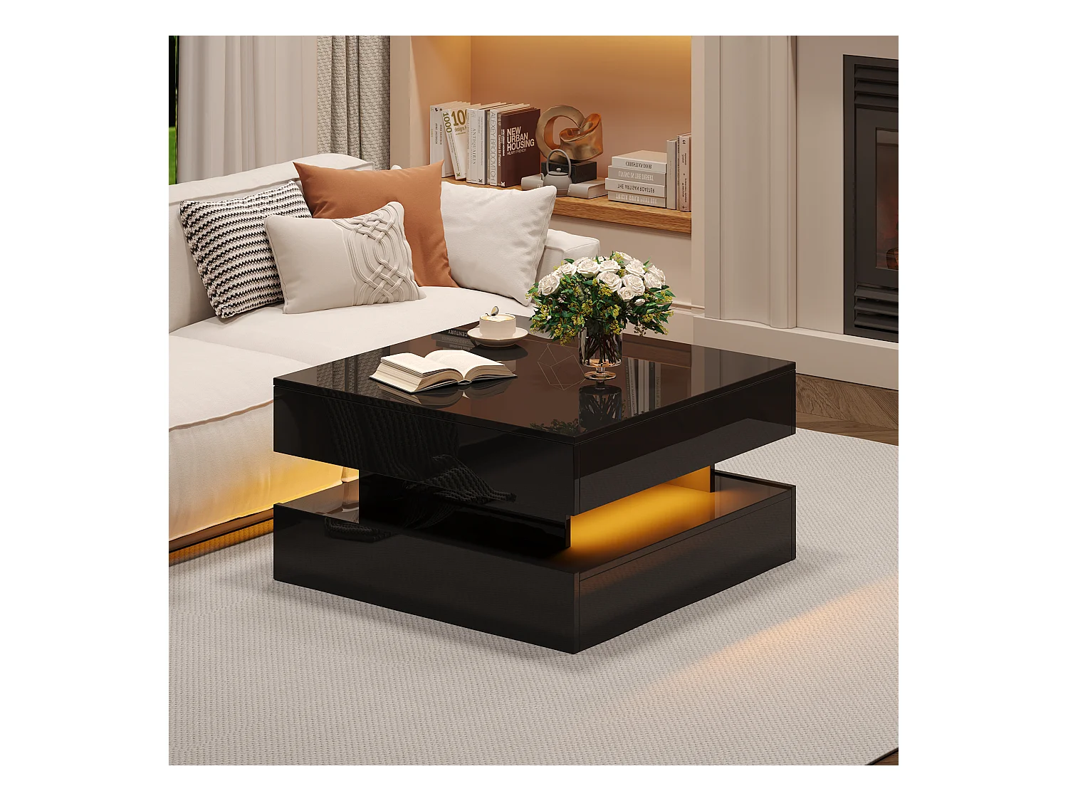 Hochglanz-Klapptisch - 65 x 65 x 38,5 cm - mit LEDs + 2 Schubladen + verstecktem Stauraum - Spanplatte - Schwarz