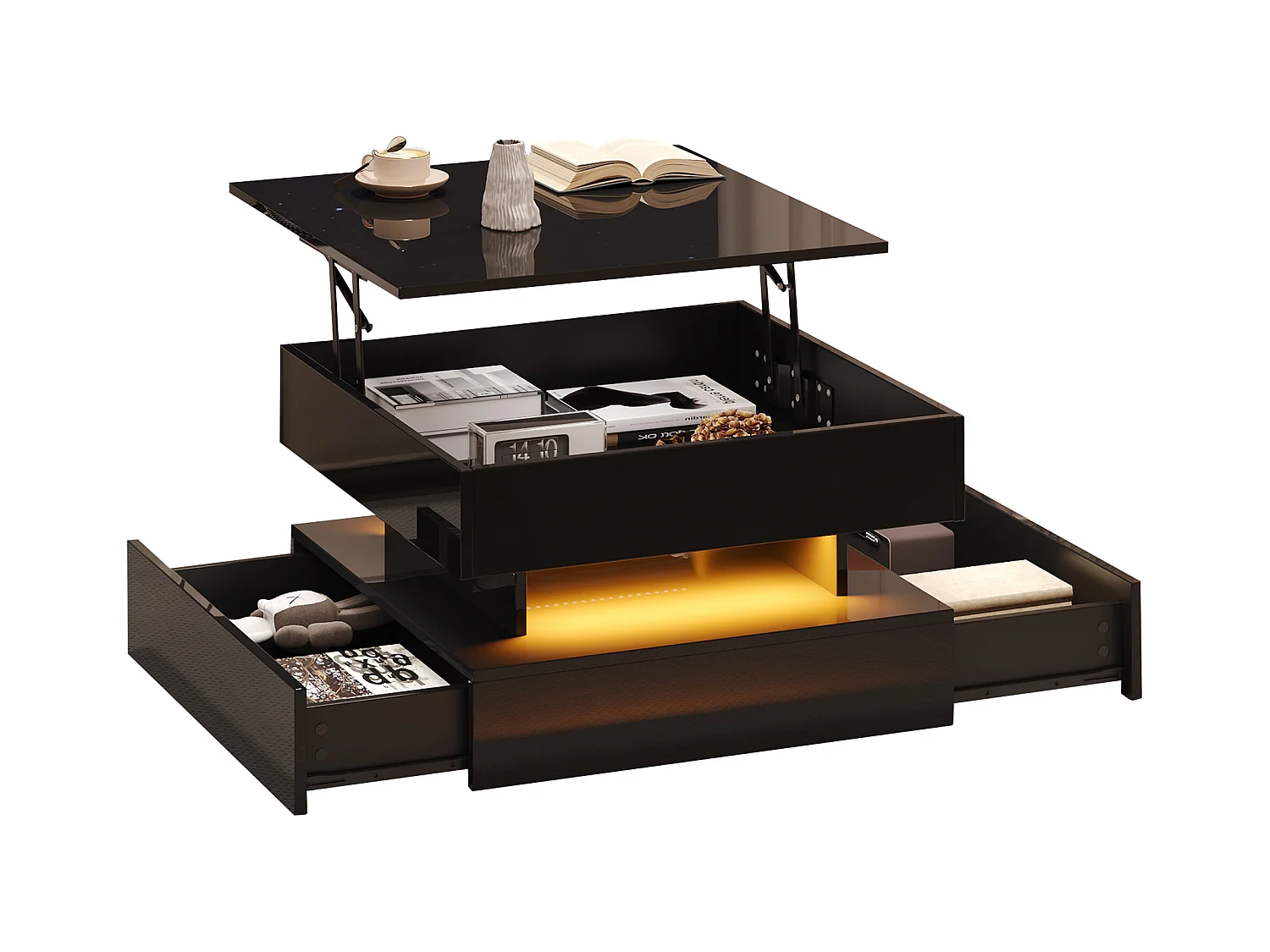 Hochglanz-Klapptisch - 65 x 65 x 38,5 cm - mit LEDs + 2 Schubladen + verstecktem Stauraum - Spanplatte - Schwarz