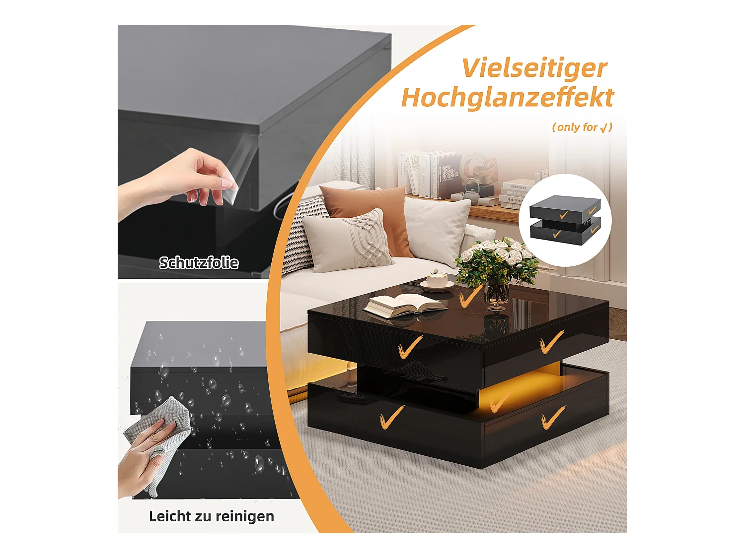 Hochglanz-Klapptisch - 65 x 65 x 38,5 cm - mit LEDs + 2 Schubladen + verstecktem Stauraum - Spanplatte - Schwarz