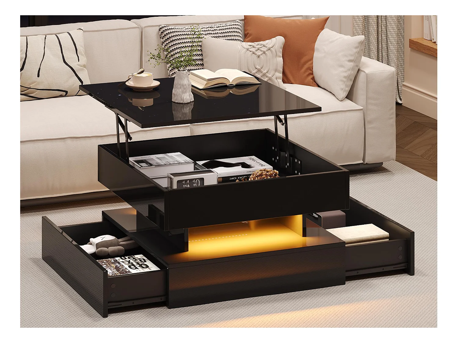 Table basse relevable 65x65x38.5 cm - finition brillante - avec éclairage LED - 2 tiroirs - noir